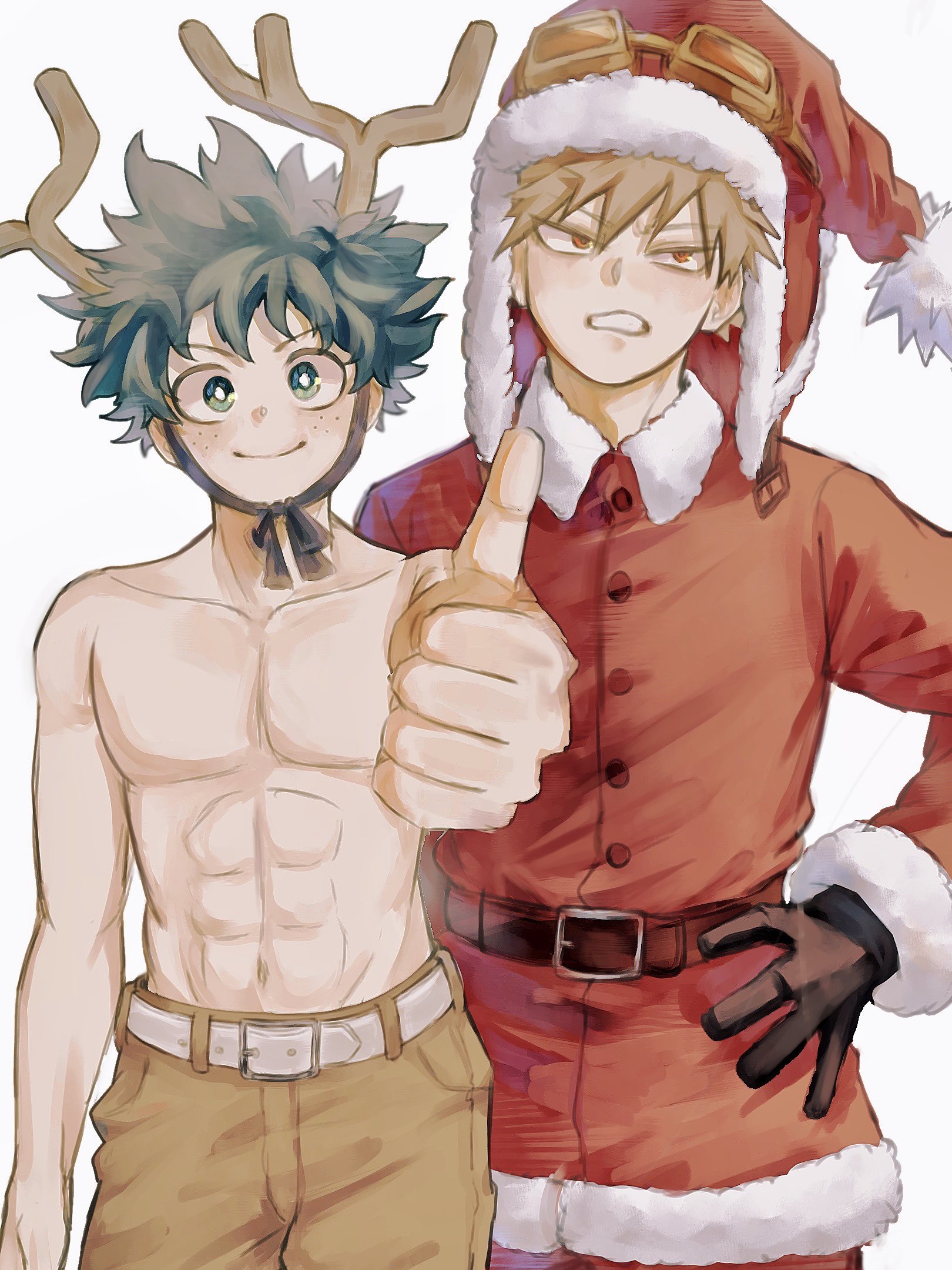 uni ssansyo, bakugou katsuki, midoriya izuku, boku no hero academia, highres, 2boys, abs, animal costume, antlers, blonde hair, gloves, hand on own hip, hat, male focus, multiple boys, pants, reindeer antlers, reindeer costume, santa costume, short hair, smile, thumbs up, topless male, upper body, white background