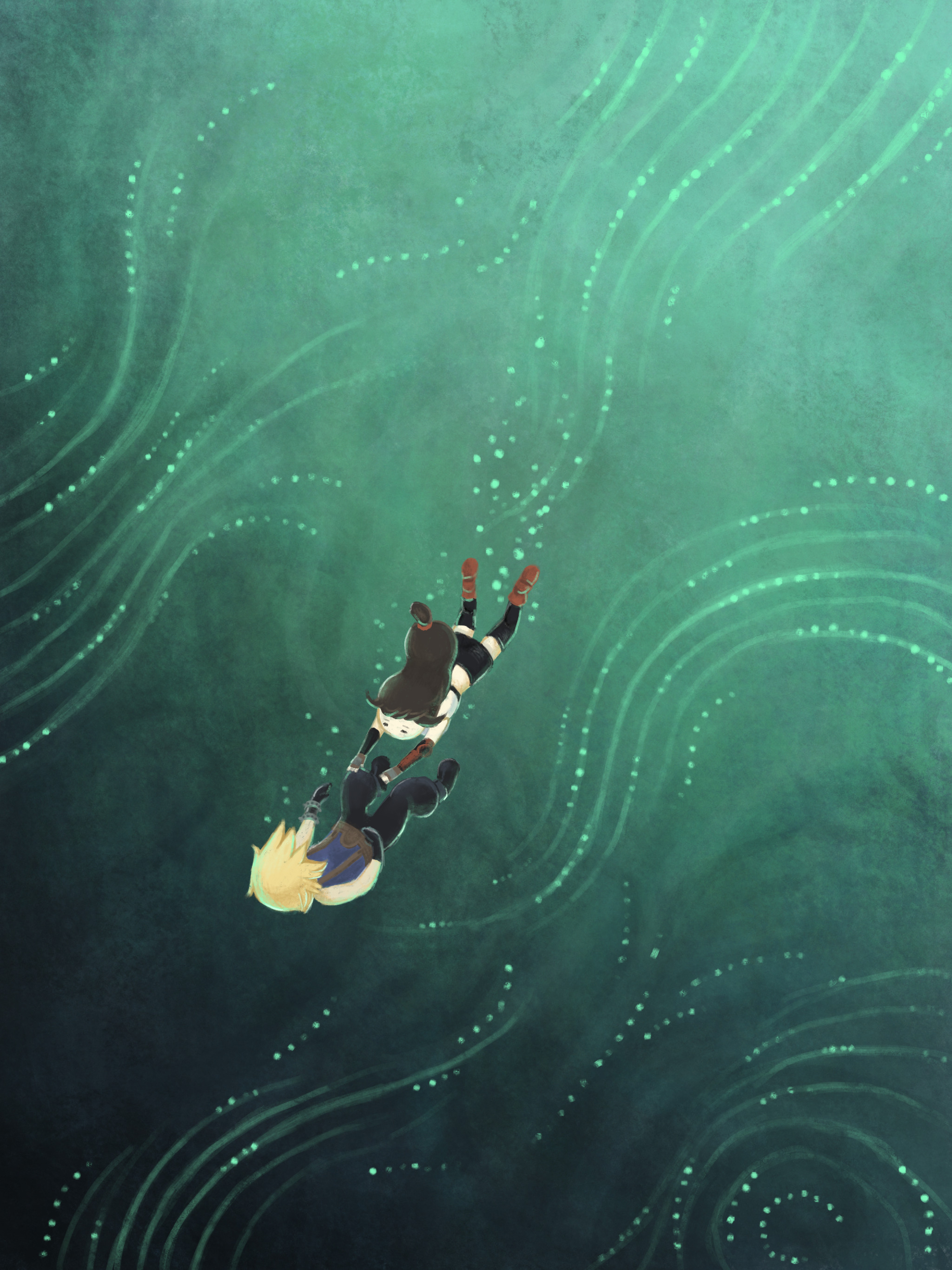 cloud strife, tifa lockhart, final fantasy, final fantasy vii, final fantasy vii remake, absurdres, commentary request, highres, 1boy, 1girl, black gloves, black hair, black pants, black skirt, black thighhighs, blonde hair, blue sweater, boots, cairn09, elbow gloves, falling, floating, full body, gloves, gradient background, green background, lifestream, light particles, long hair, low-tied long hair, pants, reaching, reaching towards another, red boots, short hair, skirt, spiked hair, suspenders, sweater, tank top, thighhighs, white tank top