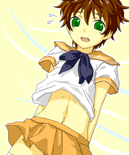 kururugi suzaku, code geass, 00s, 1boy, blush, bulge, crossdressing, crossdressing (mtf), male focus, midriff, ribbon, school uniform, short hair, shota, solo, trap