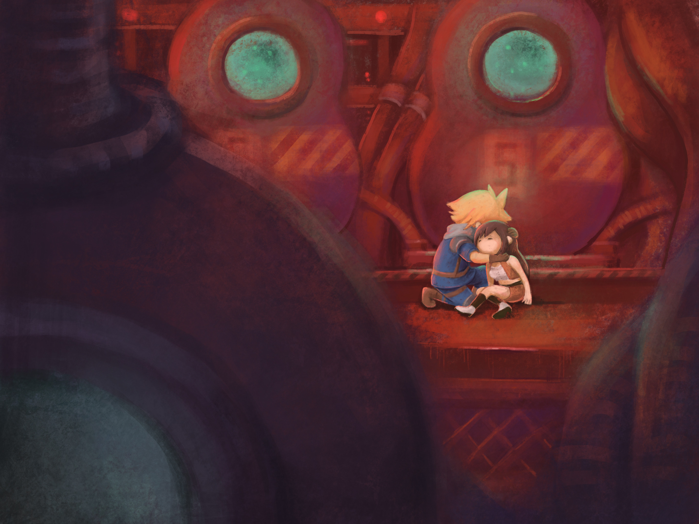 cloud strife, tifa lockhart, tifa lockhart (cowgirl), crisis core: final fantasy vii, final fantasy, final fantasy vii, final fantasy vii remake, commentary request, highres, 1boy, 1girl, black hair, blonde hair, blue jacket, blue pants, blurry, blurry foreground, boots, breasts, brown boots, brown gloves, brown hair, brown skirt, brown vest, cairn09, container, crop top, from side, full body, gloves, green scarf, hand on another's head, hug, indoors, jacket, long hair, medium breasts, nibelheim, official alternate costume, on one knee, open clothes, open vest, pants, scarf, scenery, shinra infantry uniform, short hair, sitting, skirt, spiked hair, stasis tank, unconscious, vest