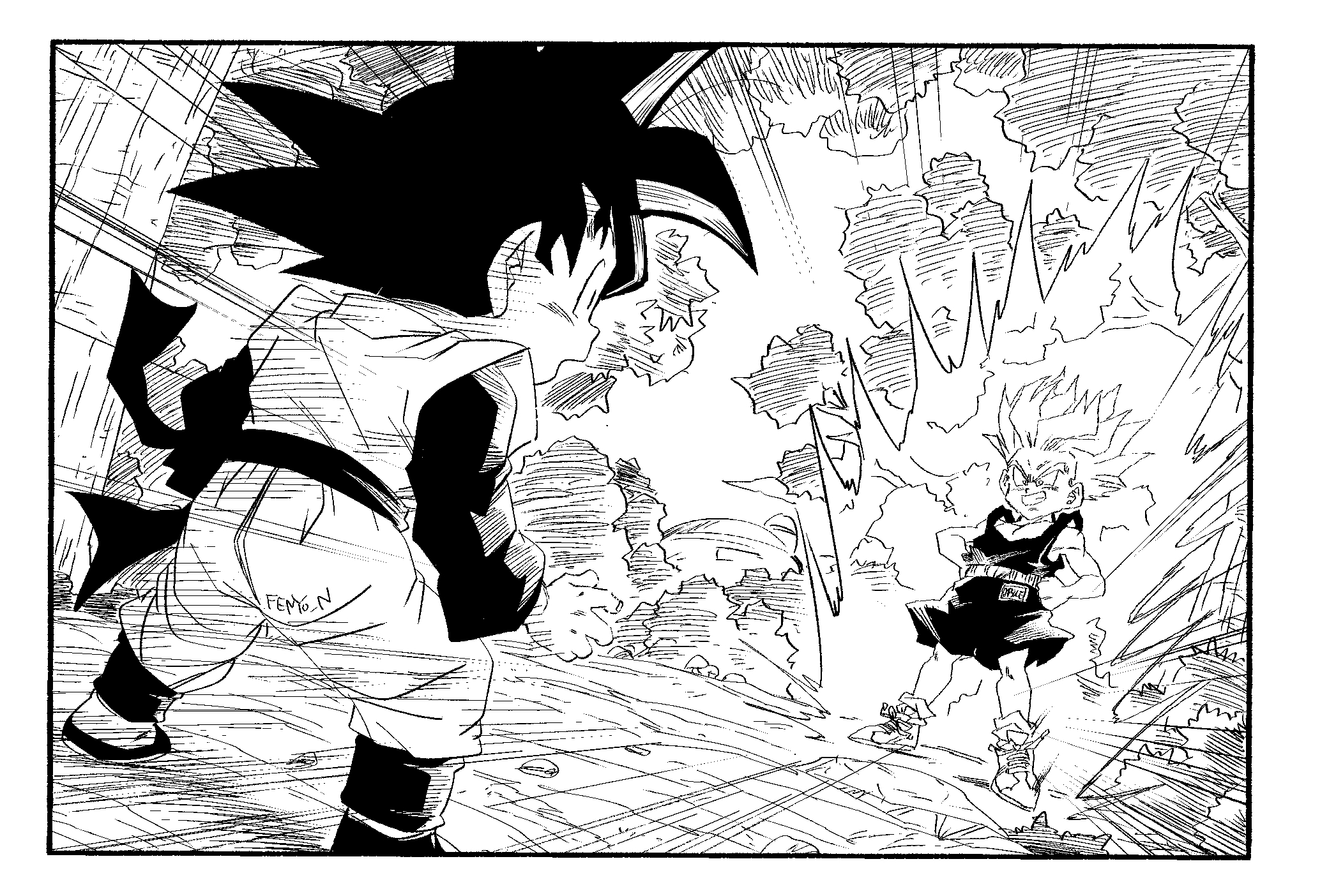 fenyon, son goten, trunks (dragon ball), dragon ball, dragonball z, highres, 2boys, artist name, aura, full body, greyscale, male focus, monochrome, multiple boys, pants, parted lips, shirt, short hair, shorts, smug, spiked hair, standing