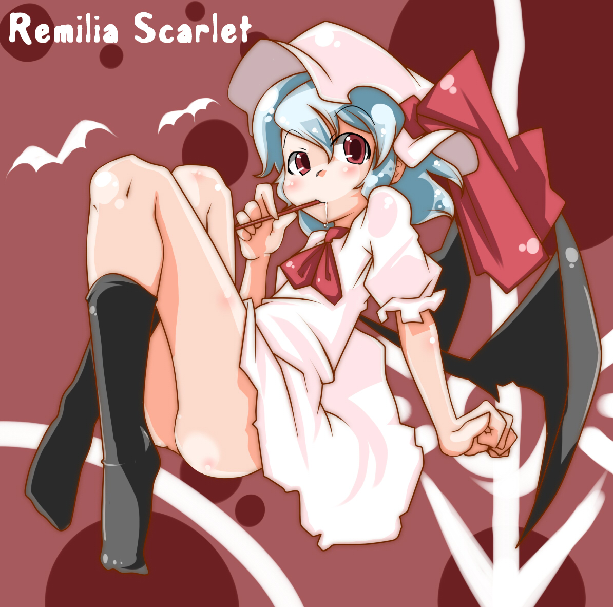 yofukashi, remilia scarlet, touhou, 1girl, ass, bat wings, blue hair, female focus, full body, hat, red eyes, short hair, sitting, socks, solo, wings
