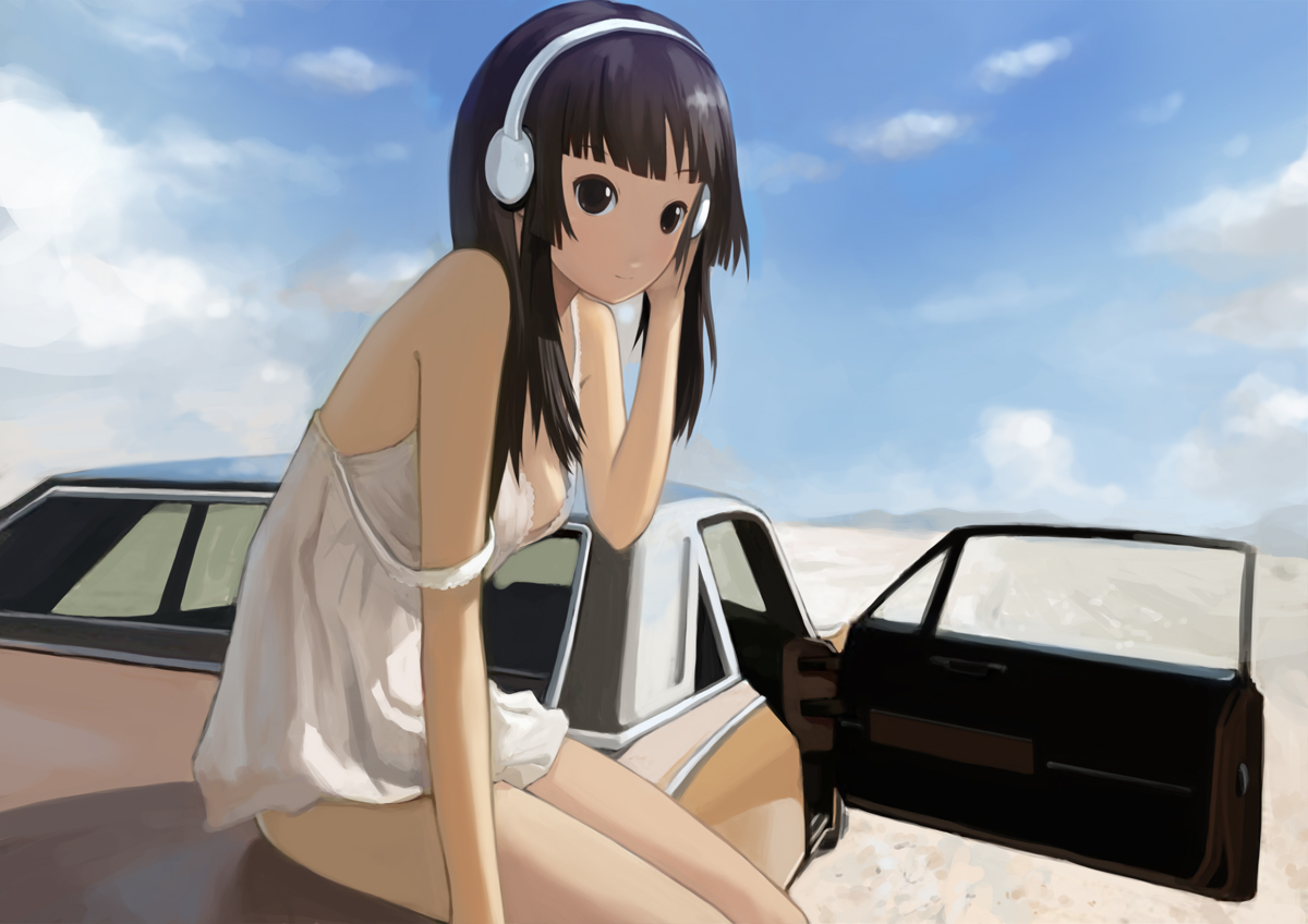 g tong, akiyama mio, k-on!, bad id, bad pixiv id, 00s, 1girl, black eyes, black hair, blunt bangs, breasts, brown eyes, car, cloud, day, desert, female focus, headphones, hime cut, left-hand drive, lingerie, long hair, motor vehicle, negligee, nipple slip, nipples, on car, sideboob, sitting, sky, small breasts, solo, strap slip, underwear