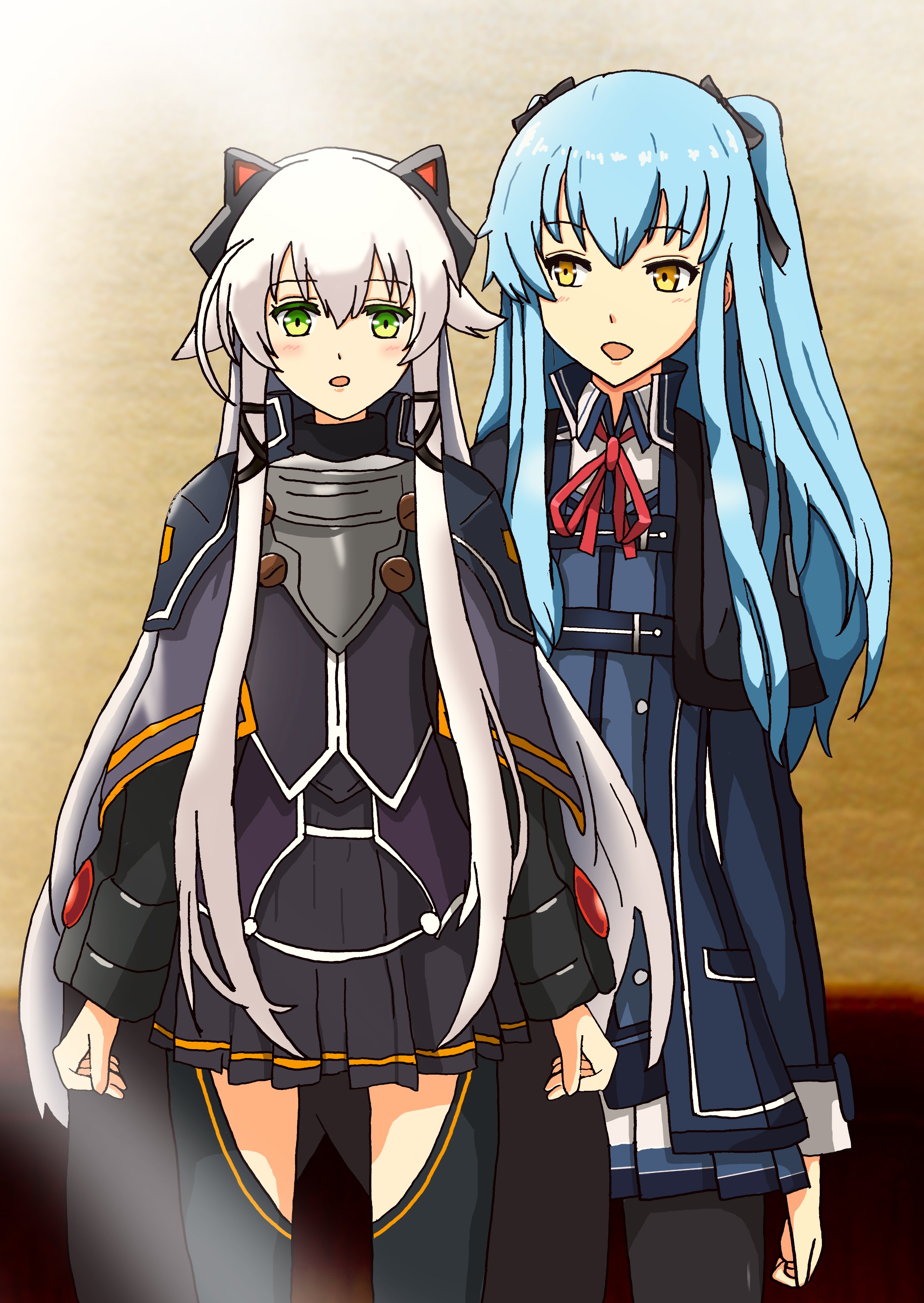 altina orion, tio plato, eiyuu densetsu, sen no kiseki (series), zero no kiseki, absurdres, commentary request, highres, 2girls, animal ear hairband, animal ears, armor, black hairband, blue hair, cat ear hairband, cat ears, cosplay, costume switch, fake animal ears, green eyes, hairband, multiple girls, open mouth, plate armor, red ribbon, ribbon, simple background, thors military academy branch campus uniform, white hair, yellow eyes