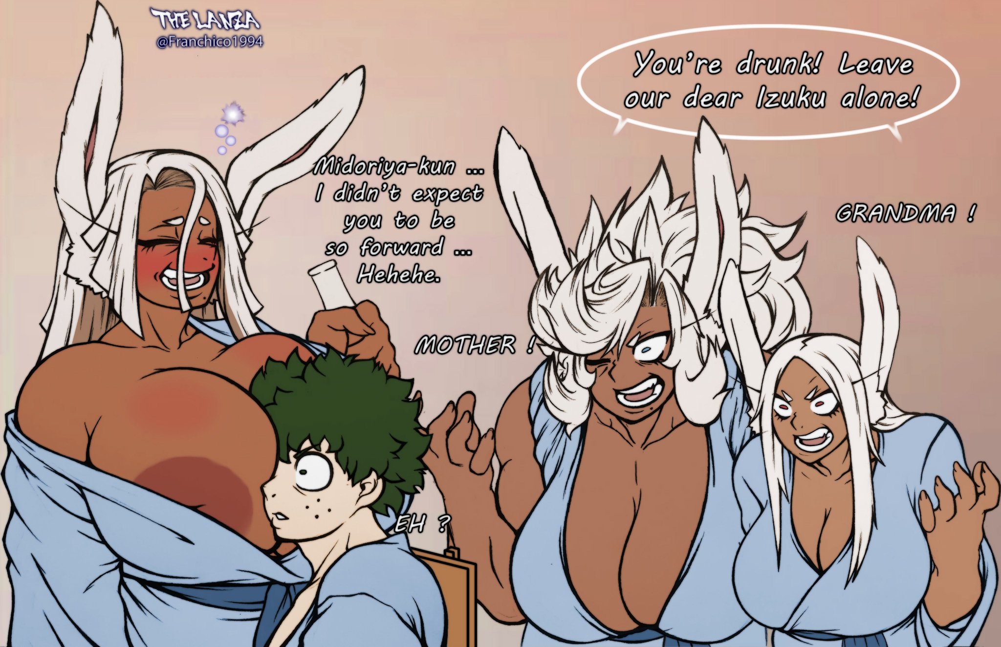 franchico1994, mirko, usagiyama romi (franchico1994), usagyama mika (franchico1994), boku no hero academia, original, highres, 1boy, 3girls, age difference, breasts, grandmother and granddaughter, height difference, huge breasts, mother and daughter, multiple girls, muscular, muscular female, muscular male