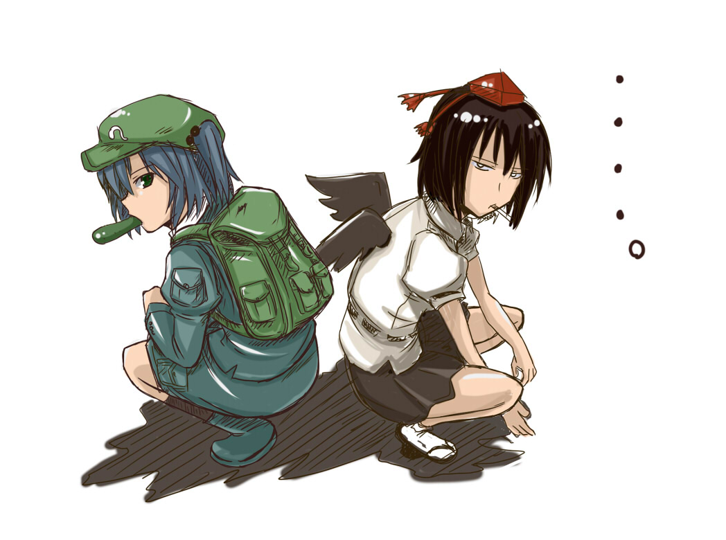 lock heart (juuryokudou), kawashiro nitori, shameimaru aya, touhou, bad id, bad pixiv id, 2girls, cigarette, cucumber, female focus, geta, hat, multiple girls, tengu-geta, two side up