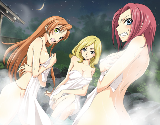 suisyokyu, kouzuki kallen, milly ashford, shirley fenette, code geass, 00s, 3girls, angry, bare shoulders, bath, blonde hair, blue eyes, blush, breasts, brown hair, cleavage, covering privates, embarrassed, female focus, green eyes, large breasts, long hair, moon, multiple girls, naked towel, night, nude, nude cover, onsen, open mouth, red hair, same-sex bathing, shared bathing, short hair, sideboob, steam, towel