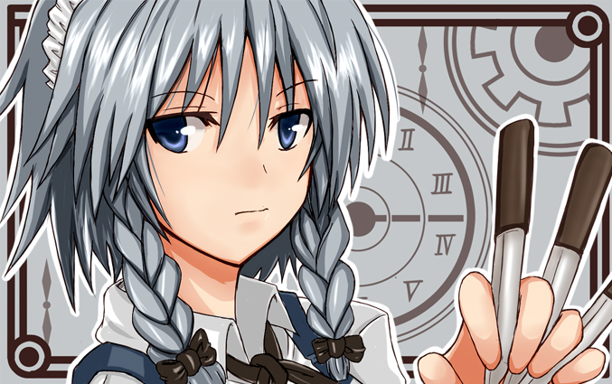 lock heart (juuryokudou), izayoi sakuya, touhou, silver hair, bad id, bad pixiv id, 1girl, blue eyes, braid, clock, female focus, gears, knife, maid, ribbon, solo, twin braids
