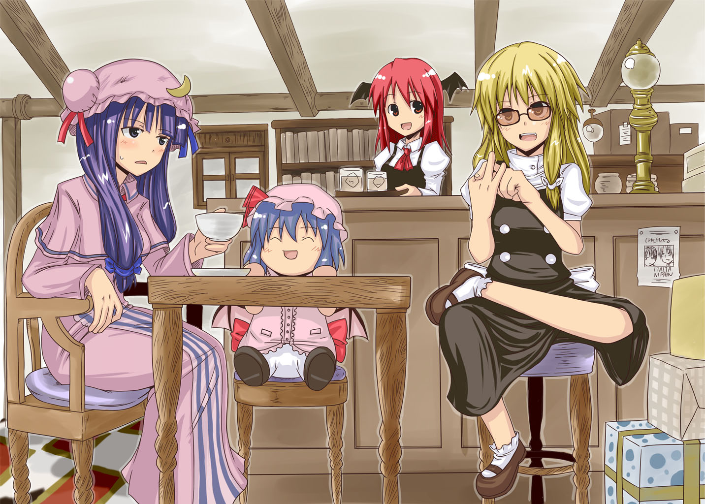 lock heart (juuryokudou), japan (hetalia), kirisame marisa, koakuma, northern italy (hetalia), patchouli knowledge, remilia scarlet, axis powers hetalia, embodiment of scarlet devil, one piece, touhou, 4girls, :d, :o, ^ ^, bat wings, blonde hair, blue hair, book, cameo, chibi, closed eyes, female focus, glasses, hat, head wings, long hair, multiple girls, open mouth, parody, purple eyes, purple hair, red eyes, red hair, short hair, smile, wings, yellow eyes, yukkuri shiteitte ne