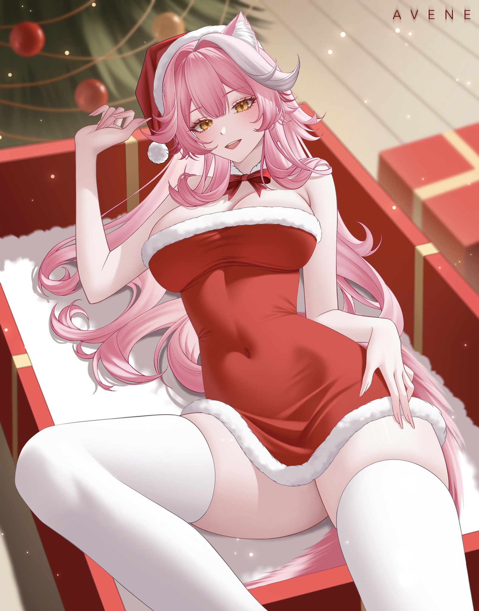 raora panthera, hololive, hololive english, commentary, english commentary, highres, 1girl, :d, alternate costume, animal ears, avene chan, bare arms, bare shoulders, blurry, blurry background, bow, bowtie, box, breasts, center-flap bangs, christmas tree, cleavage, covered navel, double-parted bangs, dress, fur-trimmed dress, fur-trimmed headwear, fur trim, hand on own hip, hat, in box, in container, large breasts, long hair, looking at viewer, lying, open mouth, panther ears, panther girl, panther tail, pink hair, pom pom (clothes), red bow, red bowtie, red dress, red hat, santa hat, short dress, sidelocks, smile, solo, strapless, strapless dress, tail, teeth, thighhighs, upper teeth only, very long hair, virtual youtuber, white streaks, white thighhighs, wooden floor, yellow eyes