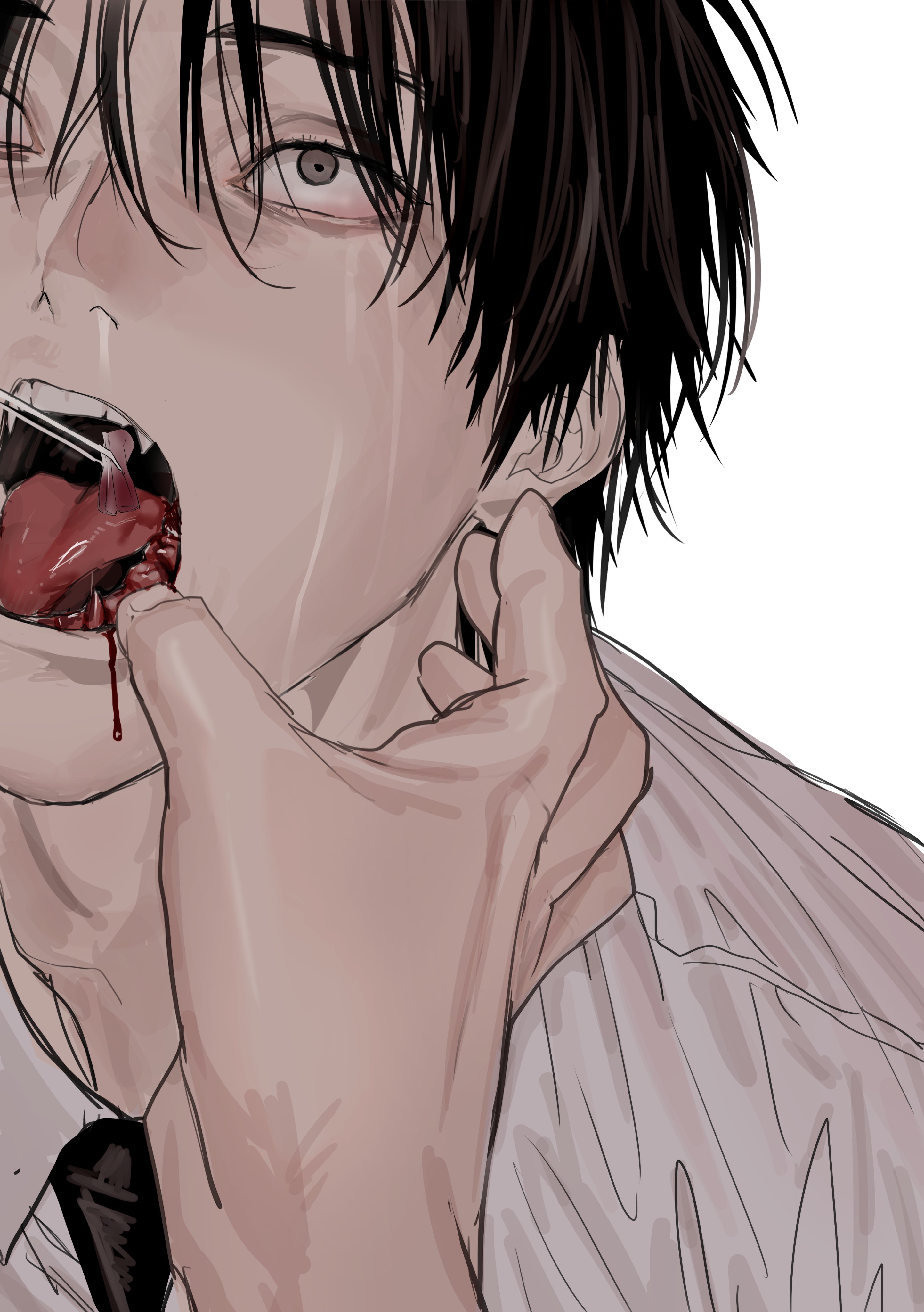 chamuring, special civil servant, absurdres, hashtag-only commentary, highres, official art, 1boy, 1other, black hair, black necktie, blood, blood in mouth, collared shirt, fang, grey eyes, han maru, male focus, mouth pull, necktie, open mouth, removed tooth, shirt, short hair, teeth, tongue, tooth pulling, white shirt