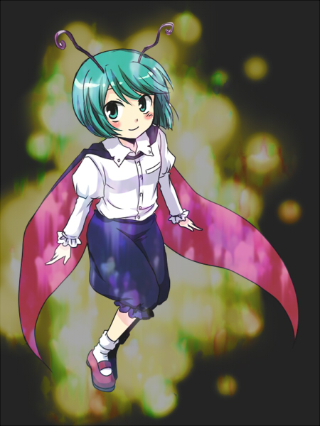 mokku, wriggle nightbug, touhou, 1girl, antennae, cape, female focus, full body, gradient background, green eyes, green hair, matching hair/eyes, short hair, solo