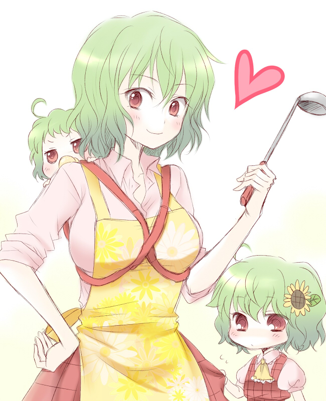 mokku, kazami yuuka, touhou, 1girl, age difference, ahoge, apron, ascot, baby, backpack, bag, chibi, child, clothes grab, dress, female focus, flower, green hair, happy, heart, ladle, mother and daughter, pacifier, plaid clothes, plaid dress, plaid skirt, red eyes, short hair, skirt, skirt grab, sleeves rolled up, smile, solo, sunflower, umbrella, white background
