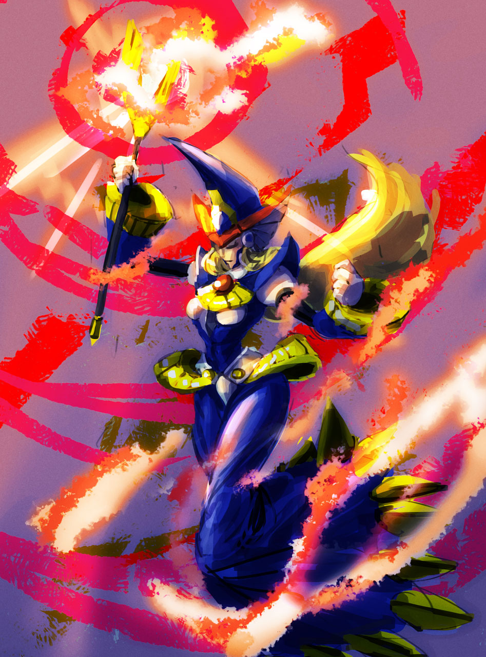 ibdinosaur, berkana (mega man), mega man (series), mega man x (series), mega man xtreme 2, commentary request, highres, 1girl, android, armor, armored boots, arms up, artist name, belt, black bodysuit, blonde hair, blue background, blue eyes, bodysuit, boots, breastplate, breasts, casting spell, chest jewel, crystal, dress, fire, floating hair, full body, gloves, gradient background, hair over shoulder, hat, helmet, high heels, holding, holding staff, jeweled hat, joints, knee pads, large breasts, leg armor, light blush, long dress, long hair, multicolored shoes, open mouth, orange background, plate armor, purple background, purple dress, purple eyes, red shoes, robot ears, robot joints, shoes, shoulder armor, shoulder spikes, sidelocks, smile, solo, sparkle, spikes, staff, two-tone shoes, white gloves, white shoes, wide hips, wide sleeves, witch, witch hat