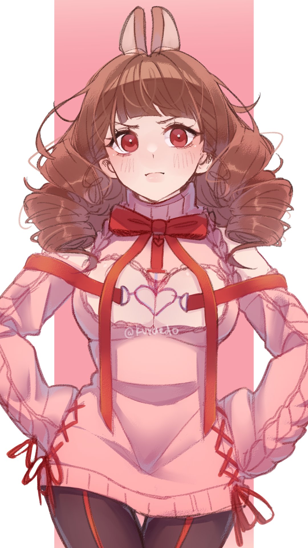 kuraedo, original, commentary, english commentary, highres, 1girl, animal ears, blunt bangs, breasts, bright pupils, brown hair, cleavage, cleavage cutout, closed mouth, clothing cutout, cowboy shot, hands on own hips, heart, looking at viewer, medium breasts, medium hair, pantyhose, pink sweater, red eyes, red ribbon, ribbon, solo, sweater, white pupils