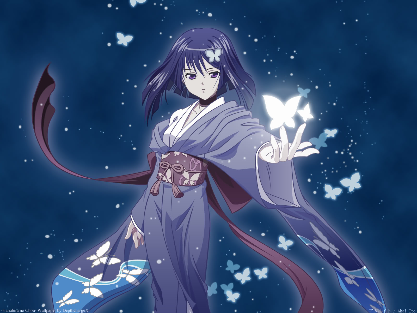 yasaka minato, yumei, akai ito, akaiito, derivative work, game cg, highres, vector trace, 1girl, blue hair, bug, butterfly, female focus, insect, japanese clothes, kimono, layered hair, purple eyes, short hair, solo