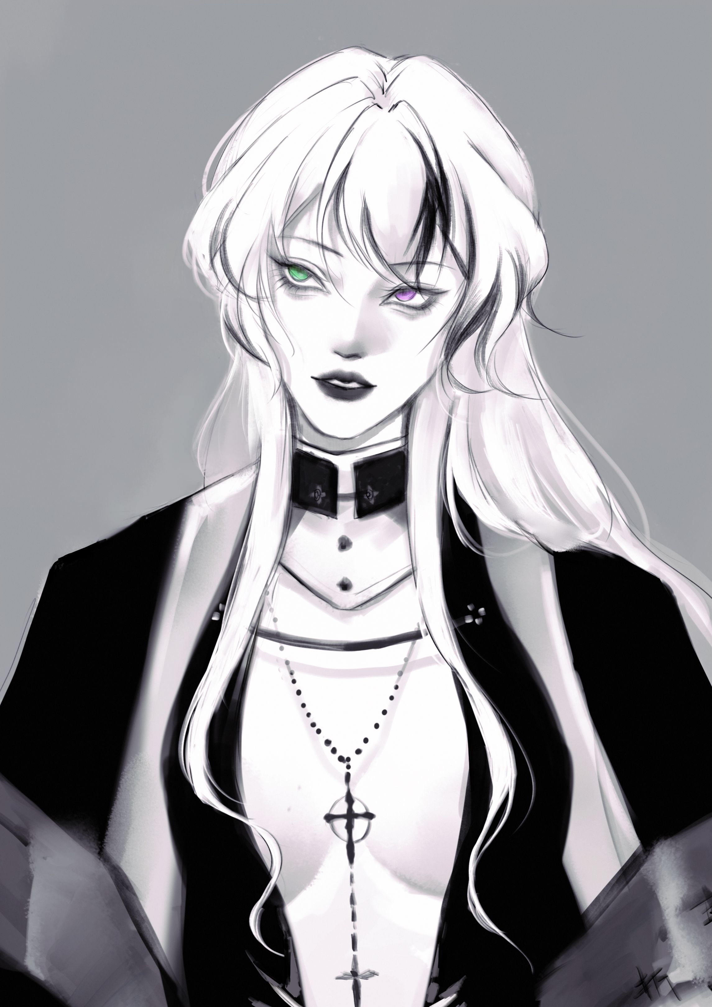 yu zhezhe, oak casket (path to nowhere), path to nowhere, absurdres, chinese commentary, commentary, highres, 1girl, breasts, dress, green eyes, grey background, greyscale, heterochromia, jewelry, lips, long hair, long sidelocks, looking to the side, medium breasts, monochrome, multicolored hair, necklace, parted lips, plunging neckline, purple eyes, sidelocks, simple background, solo, spot color, stole, streaked hair, upper body