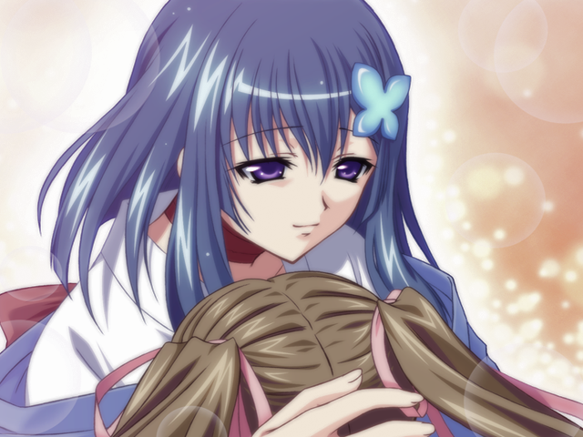 yasaka minato, hatou kei, yumei, akai ito, game cg, 2girls, blue hair, brown hair, bug, butterfly, couple, hug, japanese clothes, kimono, layered hair, long hair, multiple girls, purple eyes, ribbon, short hair, twintails, yuri