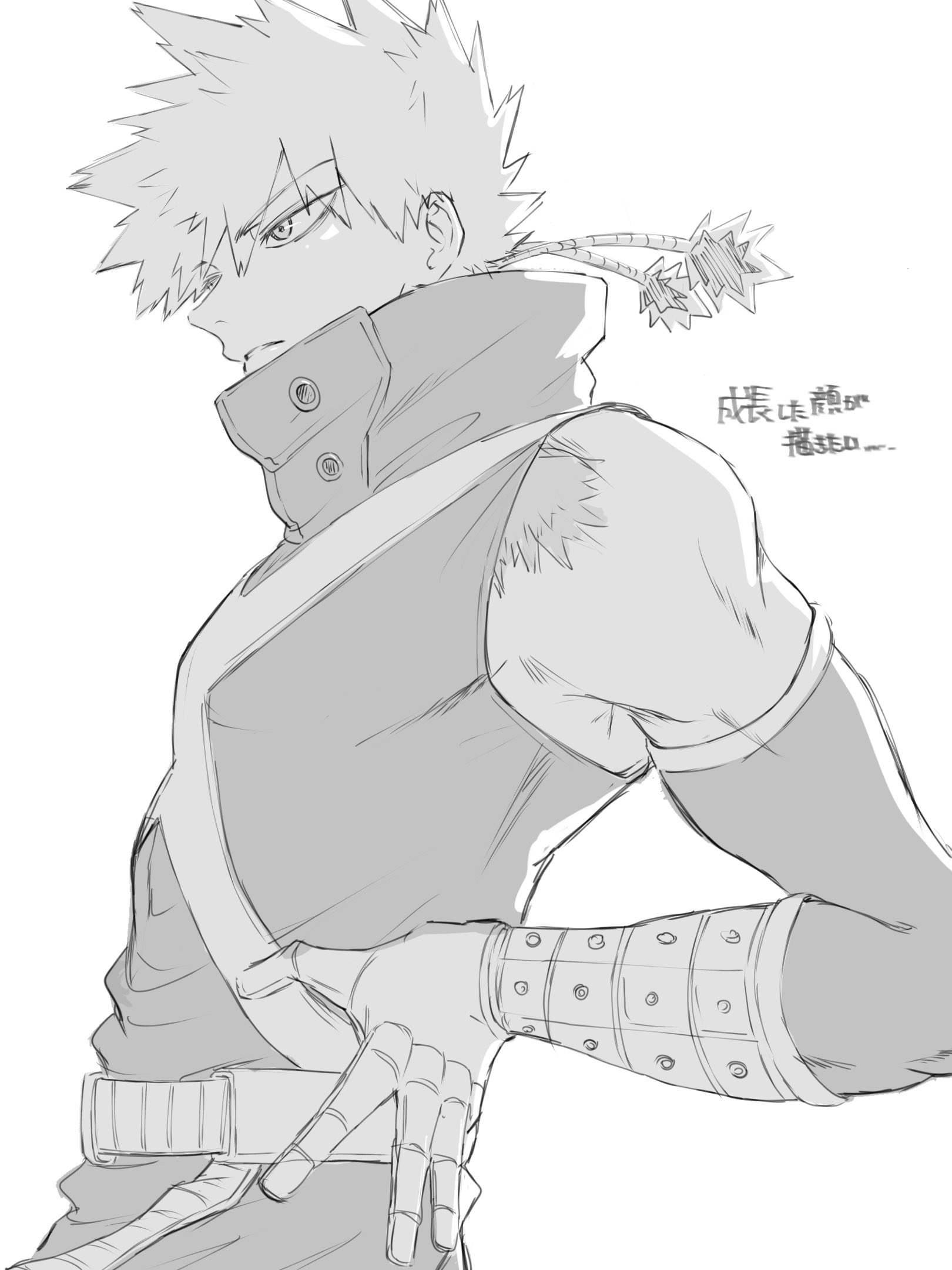 uni ssansyo, bakugou katsuki, boku no hero academia, highres, 1boy, hand on own hip, high collar, japanese text, male focus, monochrome, profile, scar, shirt, short hair, sleeveless, sleeveless shirt, solo, spiked hair, superhero costume, upper body, white background