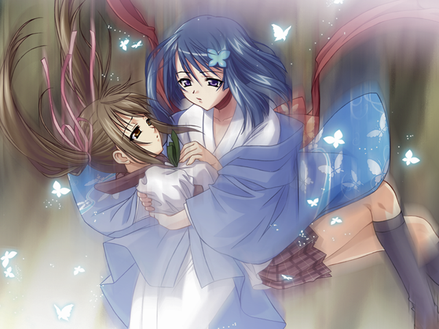 yasaka minato, hatou kei, yumei, akai ito, akaiito, game cg, 2girls, blue hair, brown hair, couple, falling, hair ornament, hairclip, hetero, japanese clothes, kimono, layered hair, long hair, multiple girls, purple eyes, ribbon, school uniform, short hair, twintails, yellow eyes