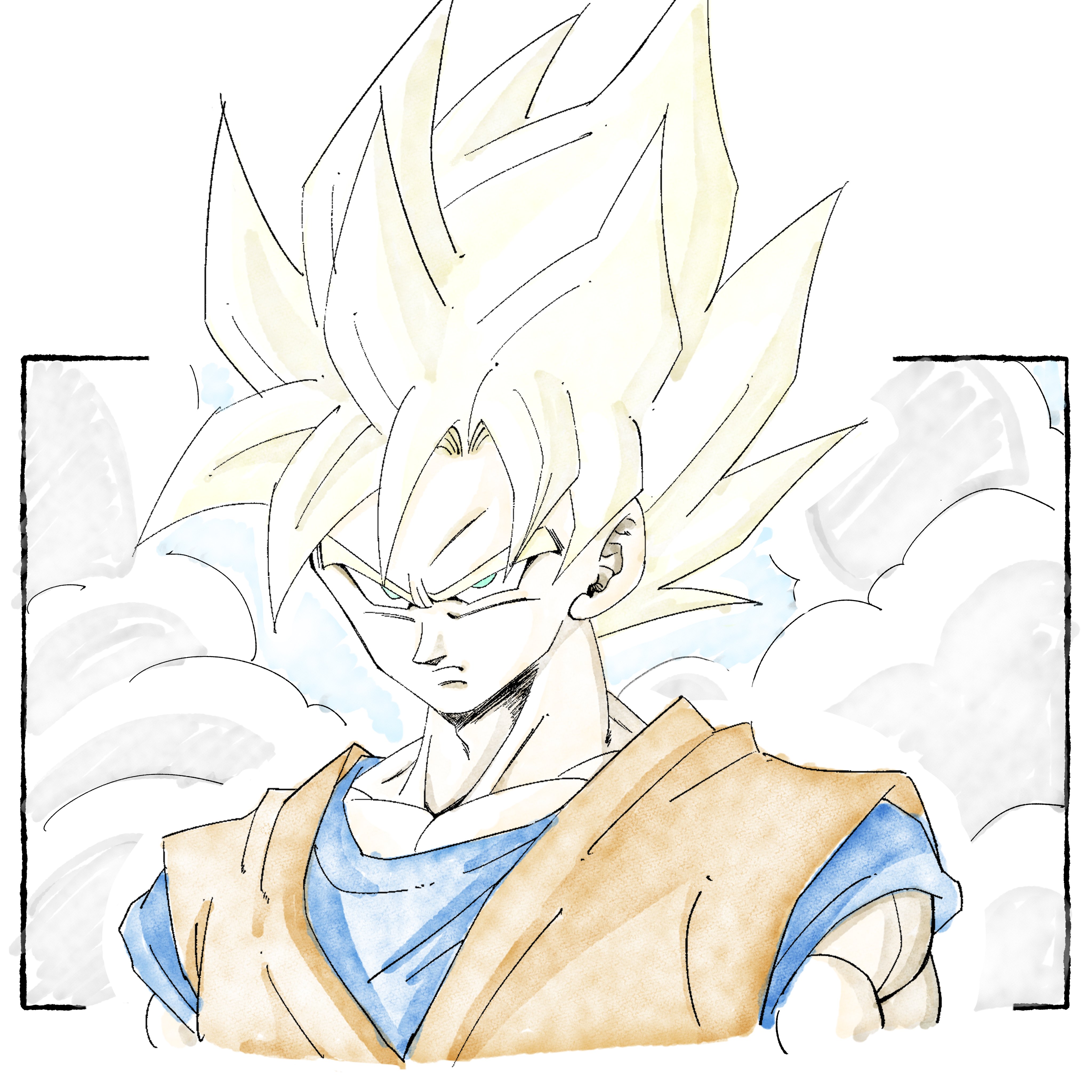 son goku, dragon ball, dragonball z, absurdres, highres, 1boy, 1rasutotoukou, blonde hair, blue shirt, green eyes, male focus, medium hair, orange shirt, shirt, solo, spiked hair, super saiyan, super saiyan 1, upper body