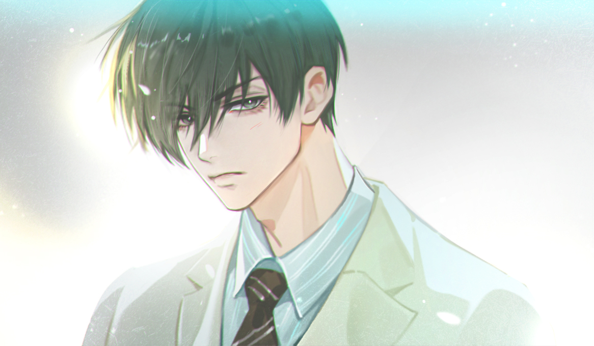 itoshi rin, blue lock, hashtag-only commentary, 1boy, adam's apple, black hair, blazer, closed mouth, collared shirt, diagonal-striped clothes, diagonal-striped necktie, hair between eyes, jacket, looking at viewer, male focus, necktie, paresseux 0 0, shirt, short hair, solo, striped clothes, white shirt