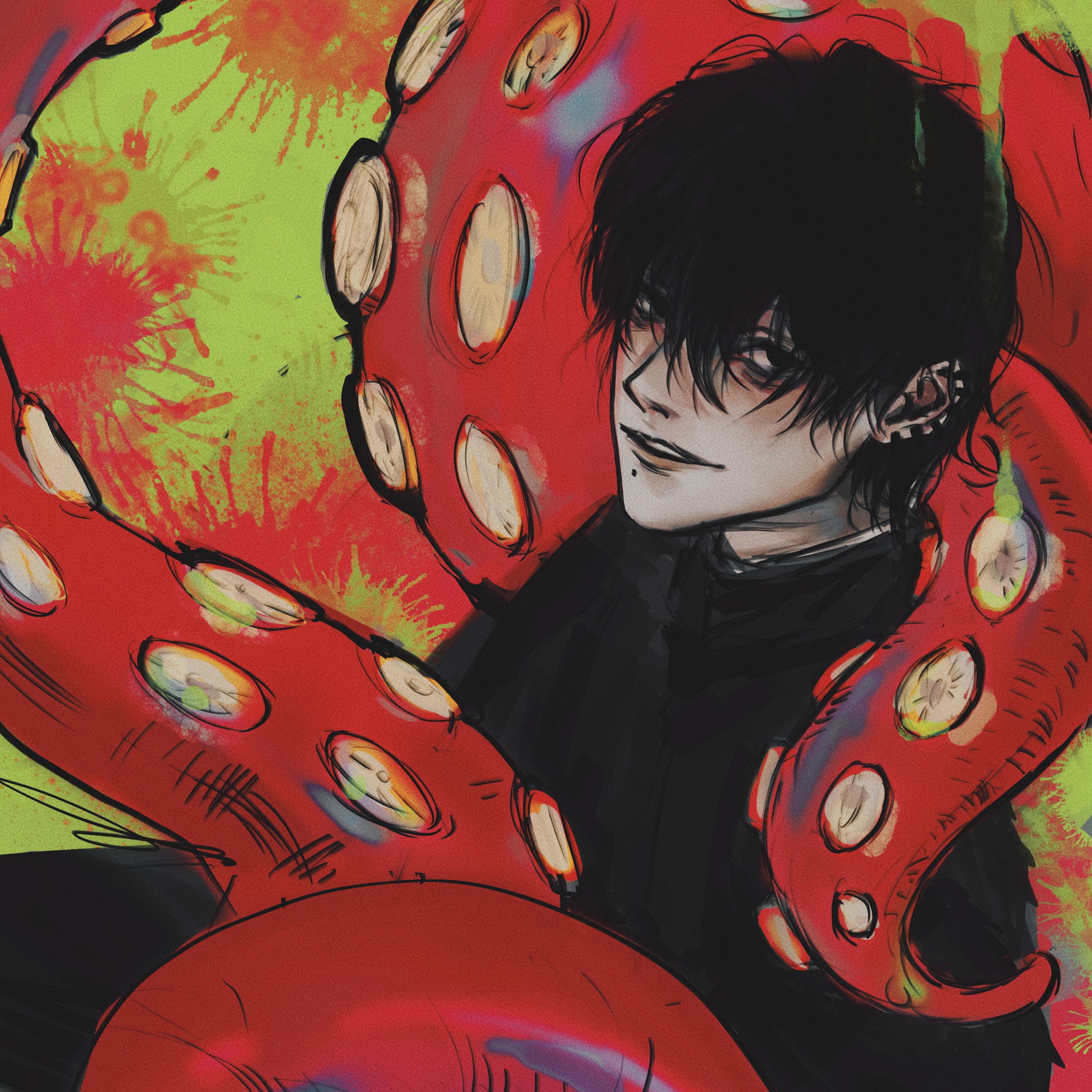 yu zhezhe, yoshida hirofumi, chainsaw man, absurdres, chinese commentary, commentary request, highres, 1boy, bags under eyes, black eyes, black hair, black jacket, earclip, green background, hair between eyes, jacket, looking at viewer, male focus, mole, mole under mouth, nose, octopus, parted lips, short hair, solo, splatter background