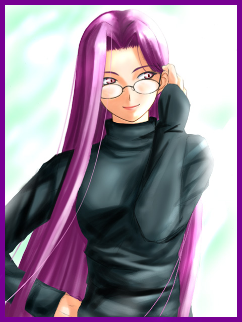 medusa (fate), medusa (rider) (fate), fate/stay night, fate (series), 00s, border, glasses, long hair, official alternate costume, purple eyes, purple hair, smile, solo, square pupils, sweater, very long hair