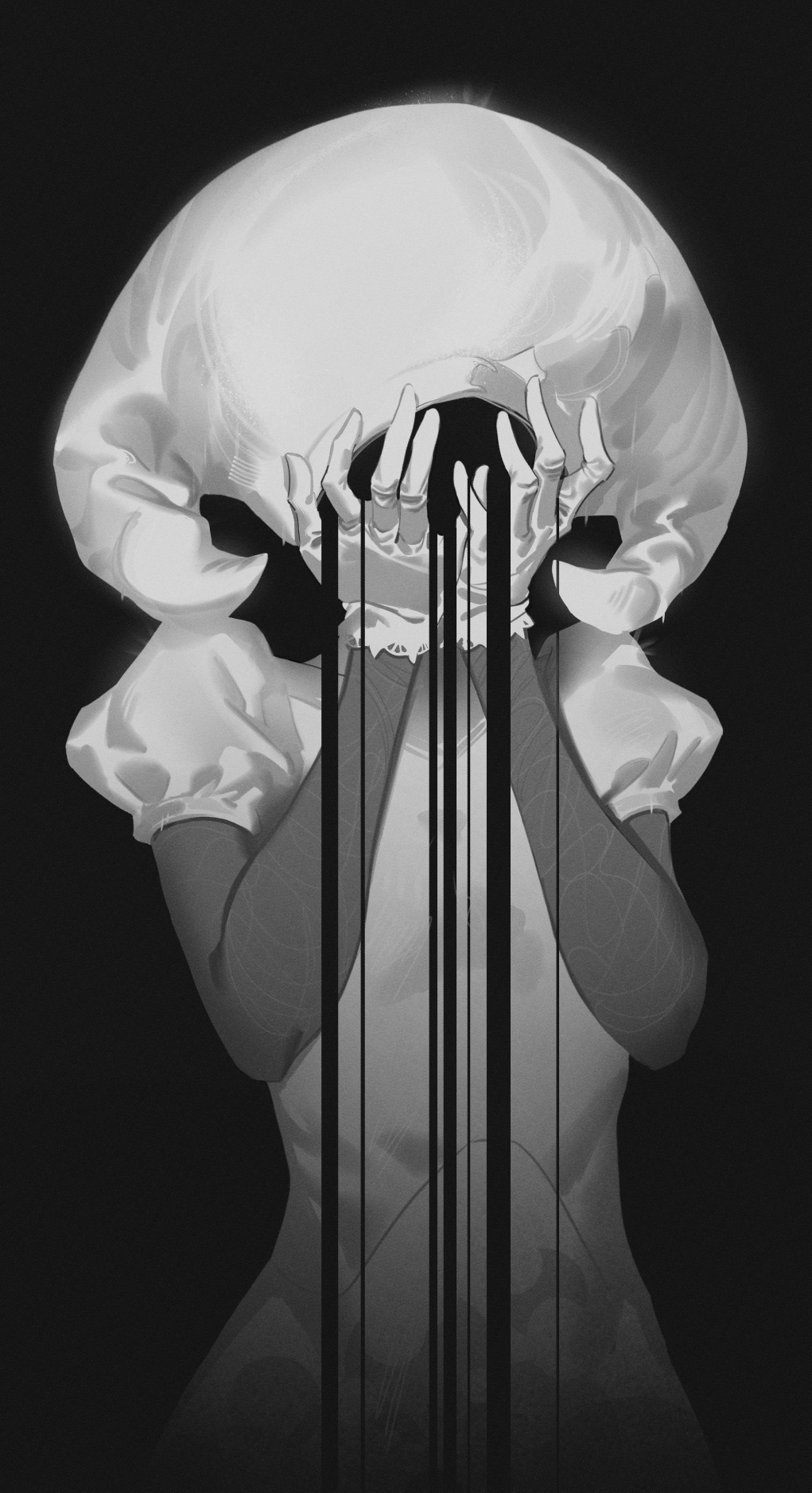 dethmaid, lace (hollow knight), hollow knight, hollow knight: silksong, commentary, english commentary, highres, 1girl, black background, dress, gloves, hat, personification, puffy short sleeves, puffy sleeves, short sleeves, simple background, solo, standing, white dress, white gloves, white hat