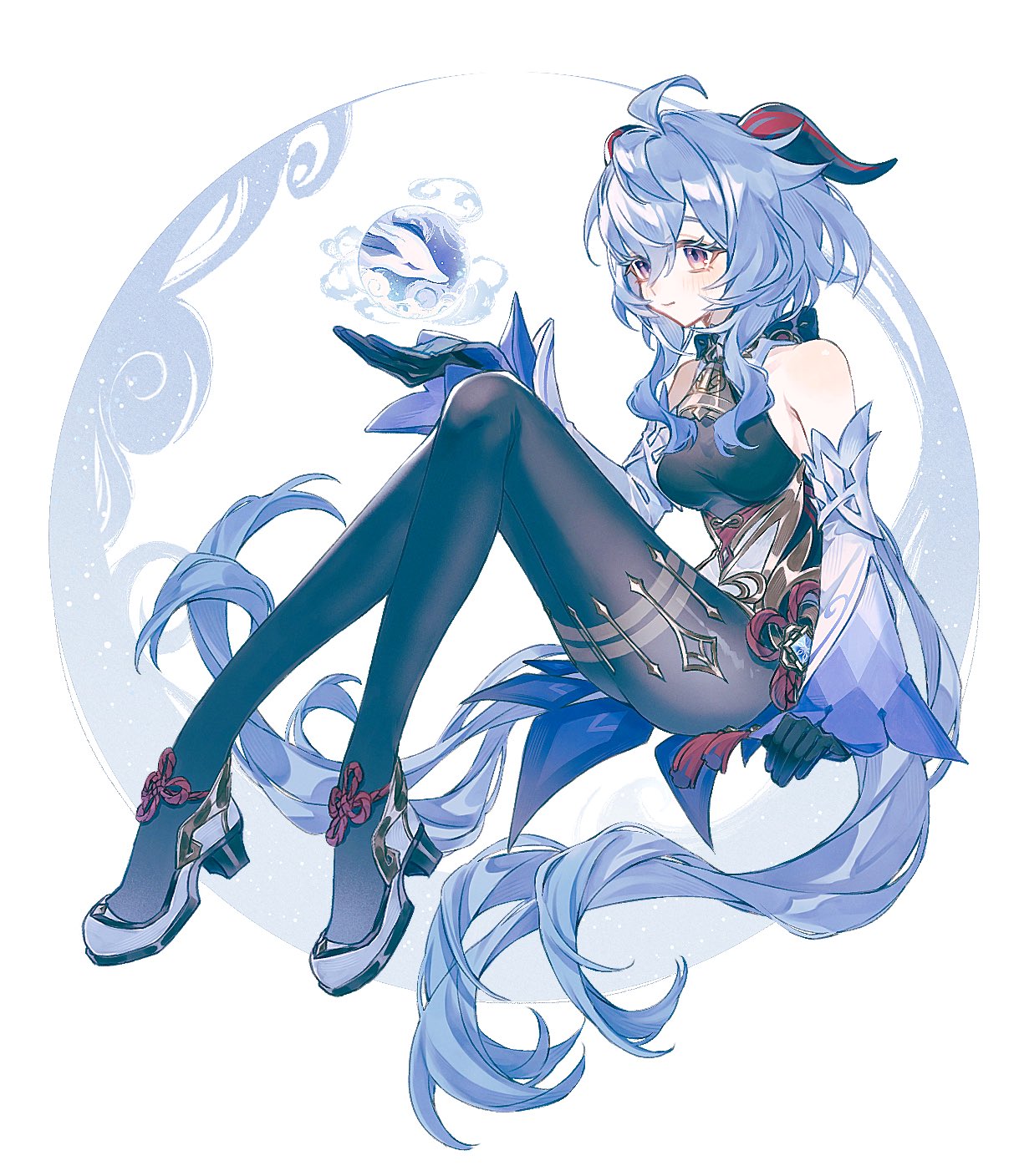 ganyu (genshin impact), genshin impact, commentary request, highres, 1girl, bare shoulders, black gloves, blue hair, blush, bodystocking, breasts, detached sleeves, dress, gloves, goat horns, horns, large breasts, nnujyjunn, ponytail, purple eyes, solo, white dress