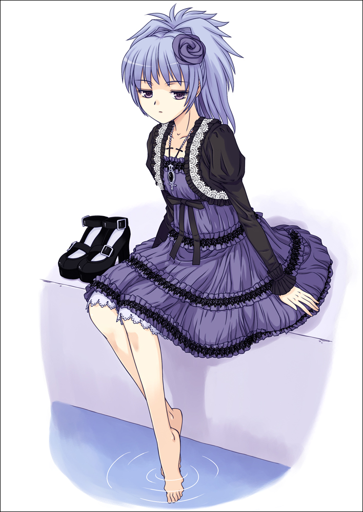 orebalgum, yin (darker than black), darker than black, silver hair, 00s, 1girl, barefoot, dress, feet, female focus, frills, gothic lolita, lolita fashion, purple dress, shoes, sitting, soaking feet, solo, water