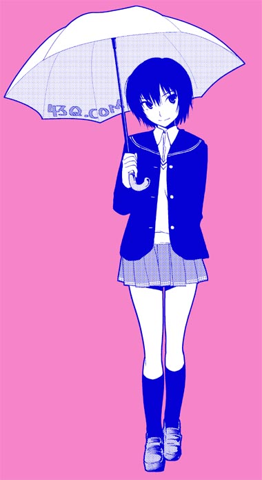 yanagi takashi, nanasaki ai, amagami, bad id, bad pixiv id, collared shirt, full body, head tilt, holding, holding umbrella, kneehighs, legs, miniskirt, monochrome, pink background, school uniform, shirt, short hair, simple background, skirt, socks, solo, umbrella, watermark, web address