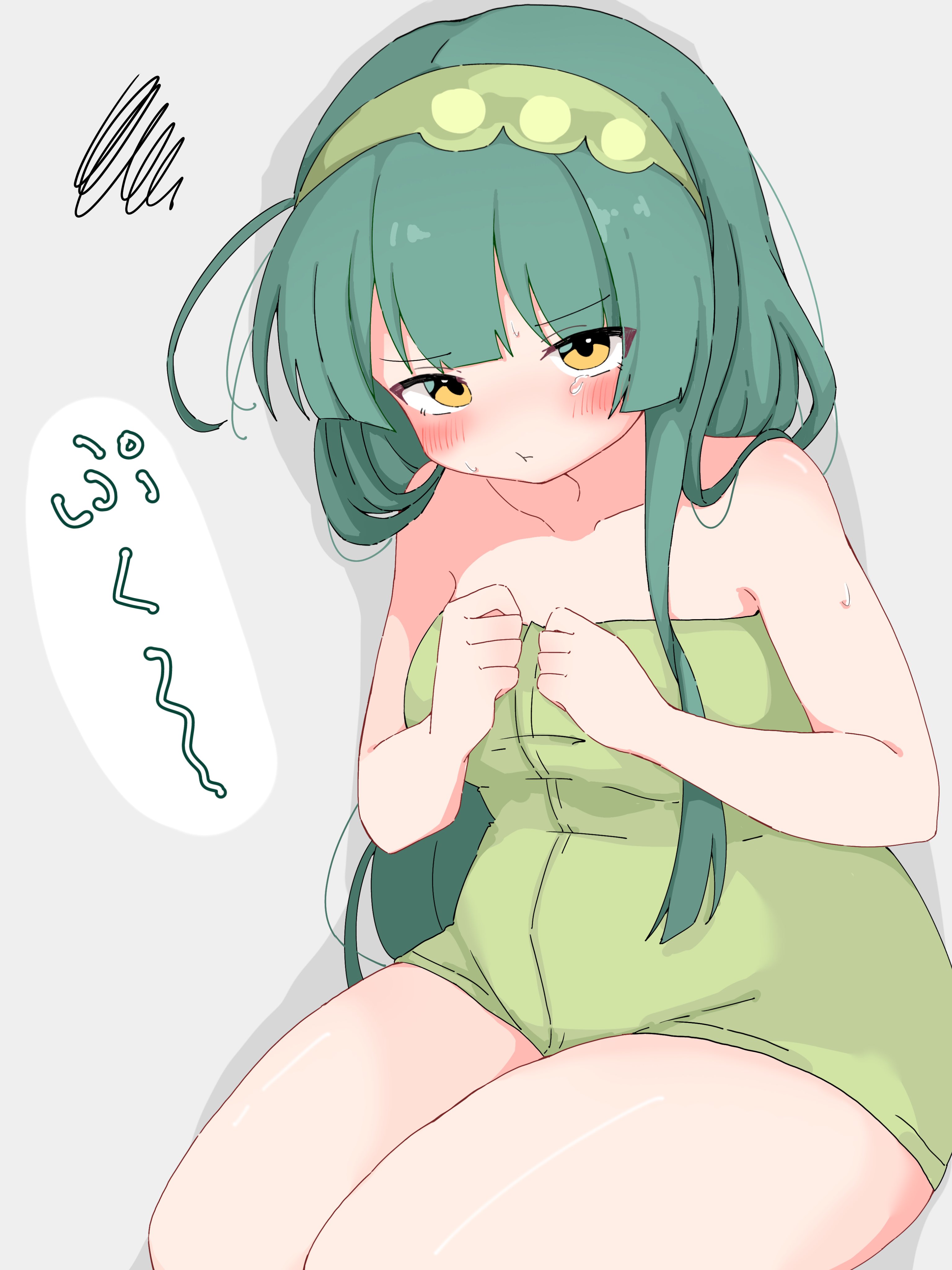 michishi reube, touhoku zunko, voiceroid, 1girl, blush, breasts, embarrassed, green hair, green hairband, grey background, hairband, hands on own chest, japanese text, long hair, plump, pout, sitting, small breasts, solo, squiggle, tears, thick thighs, thighs, towel, towel around waist, wet, yellow eyes