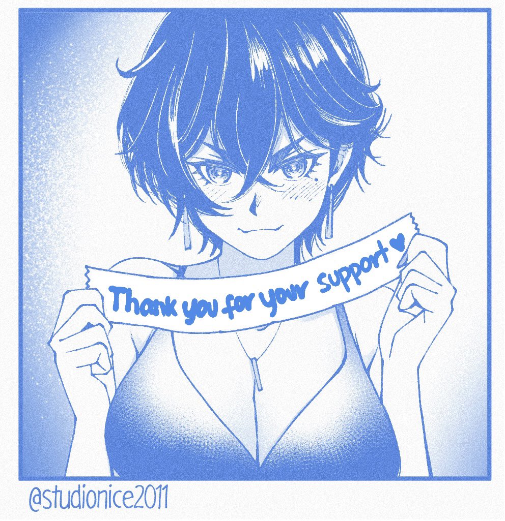 studionice2011, original, commentary, english commentary, 1girl, anna ayasaki, blue theme, blush, breasts, cleavage, closed mouth, collarbone, crossed bangs, dress, earrings, english text, hair between eyes, holding, jewelry, large breasts, looking at viewer, mole, mole under eye, monochrome, necklace, short hair, smile, solo, straight-on, upper body, v-shaped eyebrows