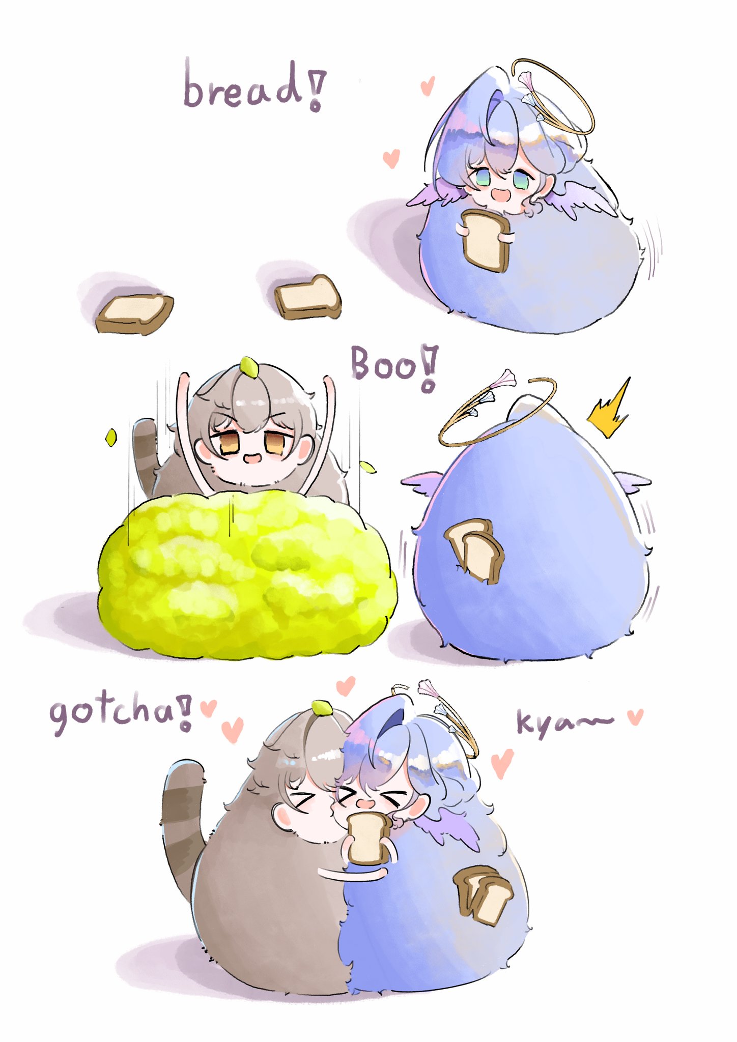 obgbegom, caelus (honkai: star rail), robin (honkai: star rail), trailblazer (honkai: star rail), honkai: star rail, honkai (series), highres, !, 1boy, 1girl, ^^^, bird girl, bread, bread slice, feathered wings, food, grey hair, halo, head wings, heart, raccoon boy, raccoon tail, tail, wings