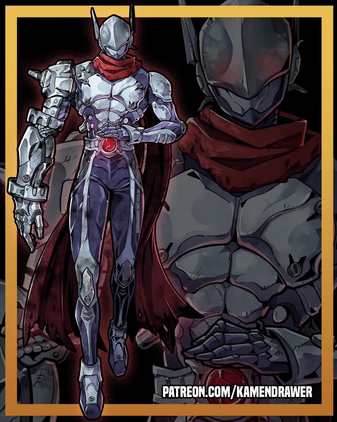 ashmish, justimon, digimon, commentary, english commentary, highres, 1boy, armor, black background, blue bodysuit, bodysuit, border, digimon (creature), full body, helmet, male focus, mechanical arms, red scarf, rider belt, scarf, single mechanical arm, solo focus, yellow border