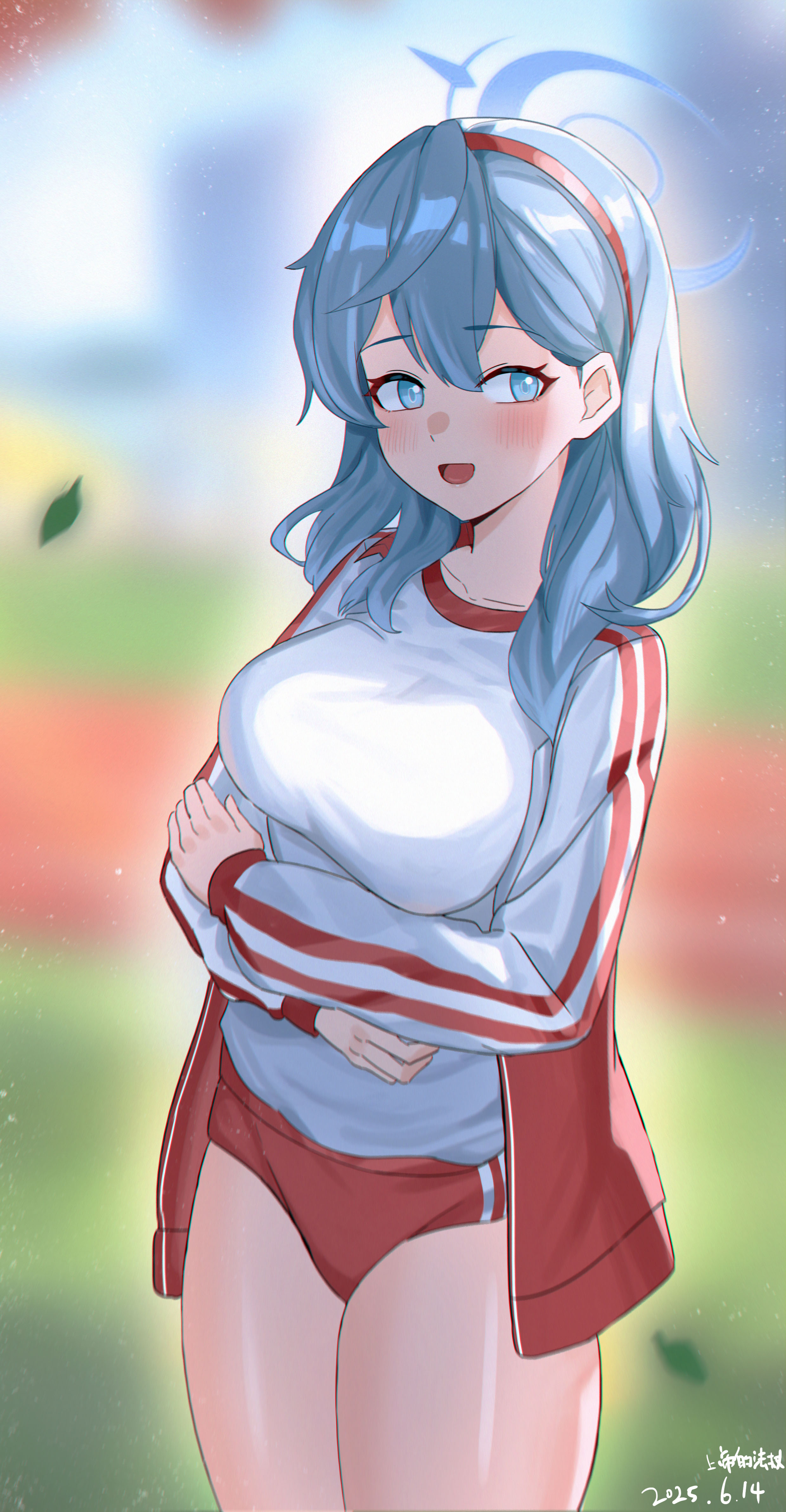 shangdi de fa zhang, ako (blue archive), ako (track) (blue archive), blue archive, absurdres, chinese commentary, commentary request, highres, 1girl, :d, artist name, backlighting, blue eyes, blue hair, blue halo, blue pupils, blurry, blurry background, blush, breasts, buruma, cowboy shot, dated, day, double-parted bangs, falling leaves, gym uniform, hair behind ear, hair between eyes, hairband, halo, jacket, large breasts, leaf, looking at viewer, medium hair, official alternate costume, open clothes, open jacket, open mouth, outdoors, red buruma, red hairband, shirt, smile, thighs, track jacket, white shirt