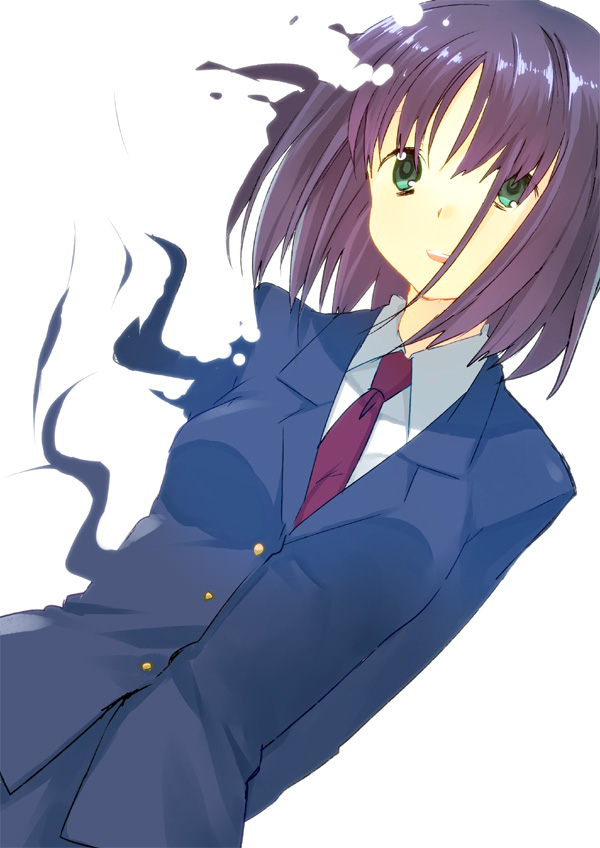ecocube, eka eri, touyoko momoko, saki (manga), 00s, 1girl, arms behind back, blazer, disintegration, fading, female focus, green eyes, jacket, necktie, purple hair, school uniform, smile, solo, vanishing