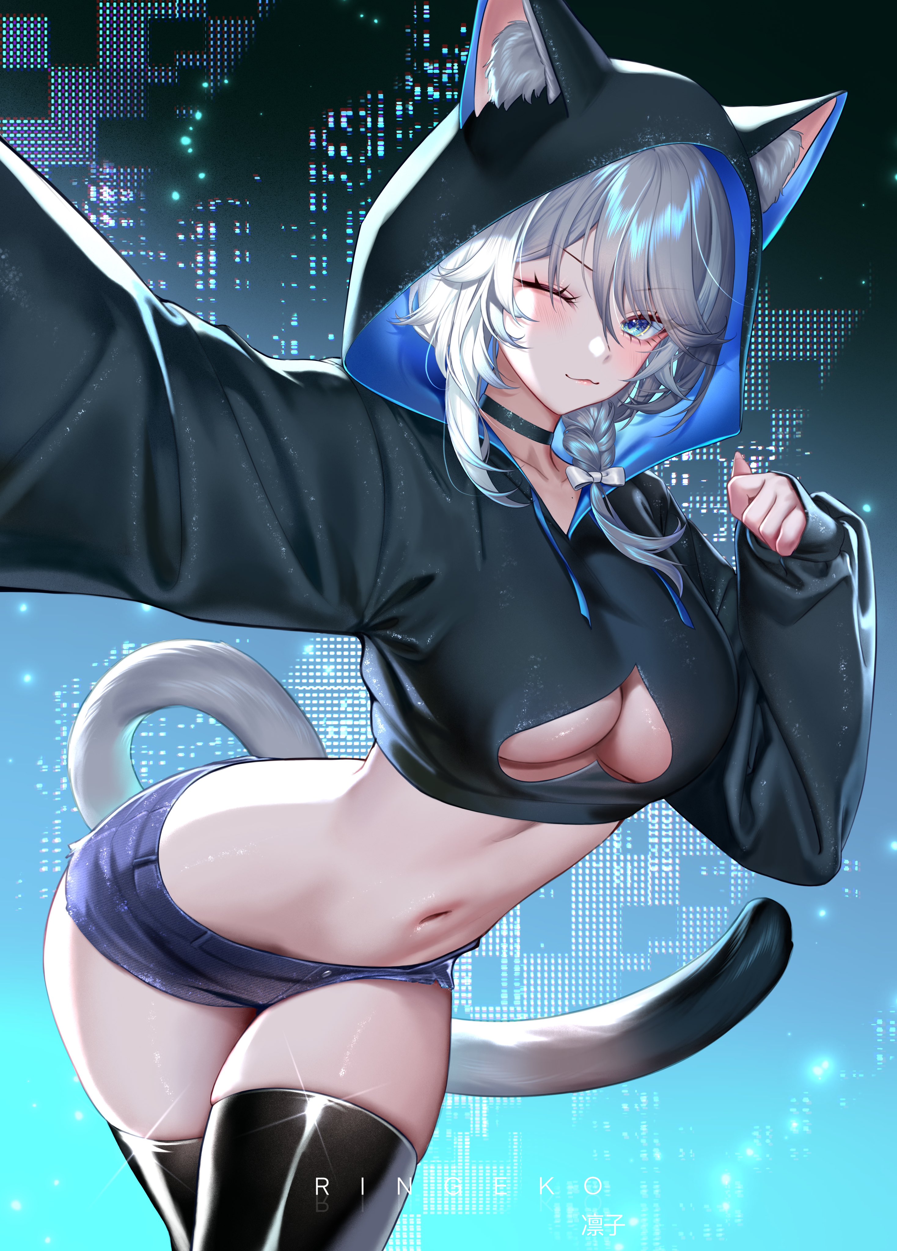 ringeko-chan, cipher (honkai: star rail), honkai: star rail, honkai (series), absurdres, commentary, highres, 1girl, alternate costume, animal ear fluff, animal ears, arm up, artist name, black hoodie, black thighhighs, blue background, blue eyes, blush, breasts, cat ears, cat girl, cat tail, cleavage cutout, closed mouth, clothing cutout, cowboy shot, ears through hood, fingernails, gradient background, grey hair, hand up, hood, hood up, hoodie, large breasts, looking at viewer, medium hair, navel, one eye closed, outstretched arm, smile, solo, spade cutout, stomach, tail, thighhighs, thighs