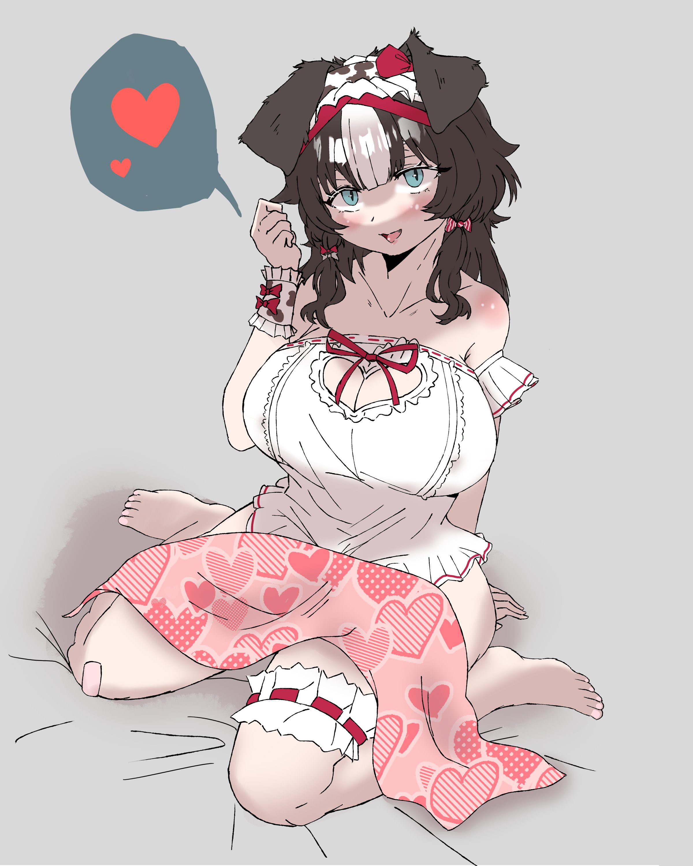 applecoffcoff, bibi biscuit, phase connect, animal ears, blanket, blue eyes, breasts, brown hair, dog ears, large breasts, virtual youtuber, white hair