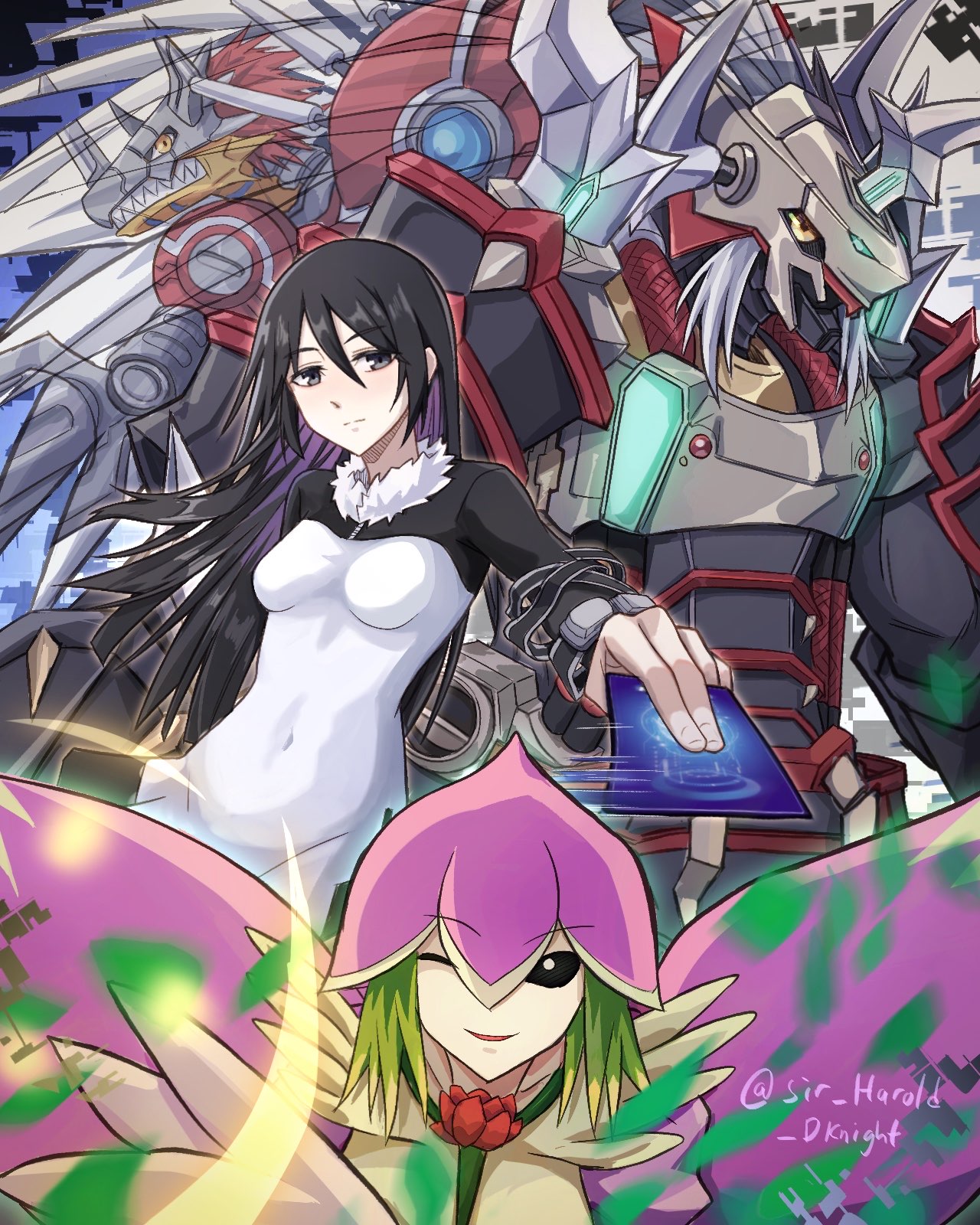 sir harold dk, gaioumon, kamishiro yuuko, lilamon, rizegreymon, digimon, digimon (creature), flower, monster girl, one eye closed, petals, plant girl, tight clothes, wink