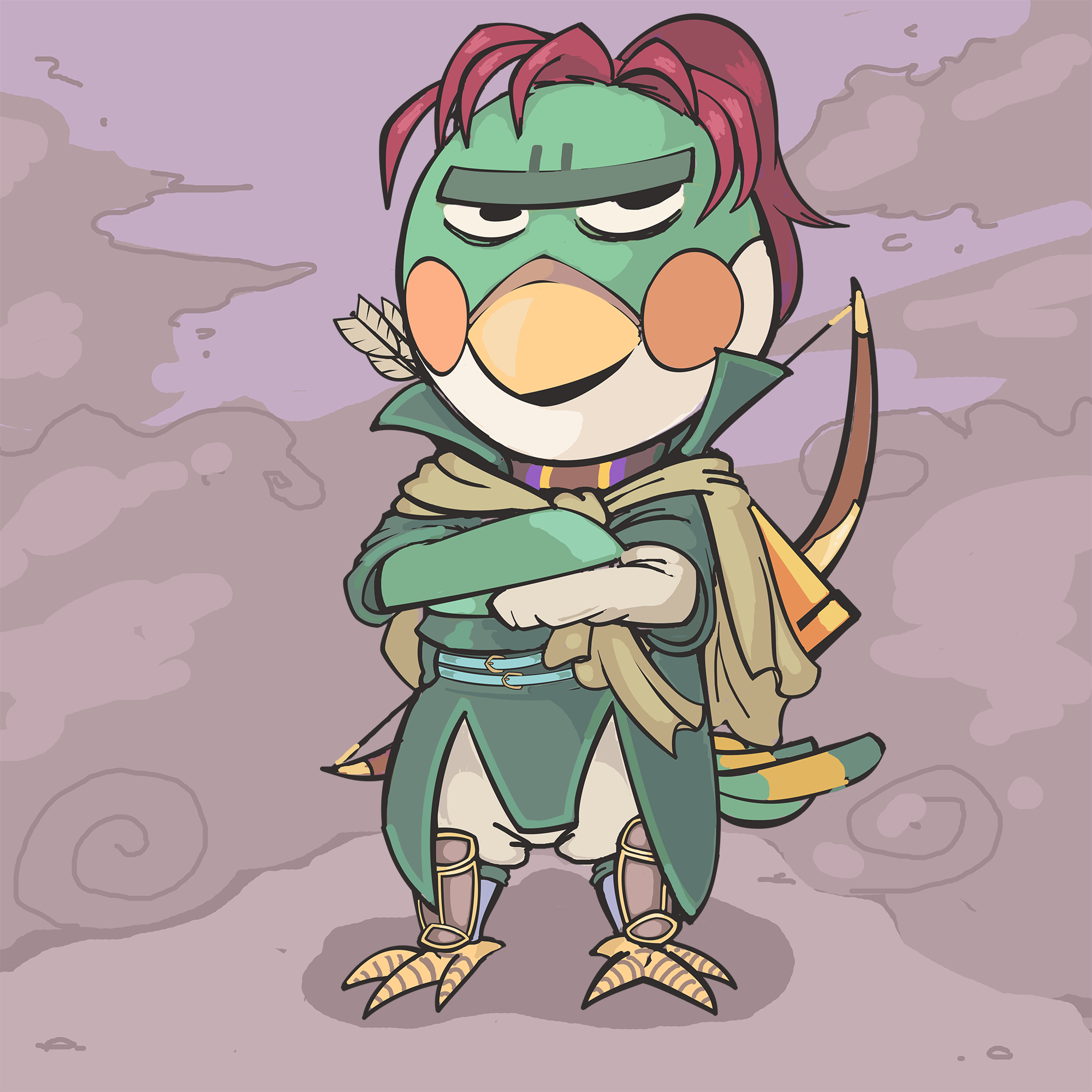 davewaterfalls, shinon (fire emblem), animal crossing, fire emblem, fire emblem: path of radiance, fire emblem: radiant dawn, nintendo, admiral (animal crossing), arrow (projectile), beak, bow, cosplay, costume switch, crossed arms, feathers, red hair