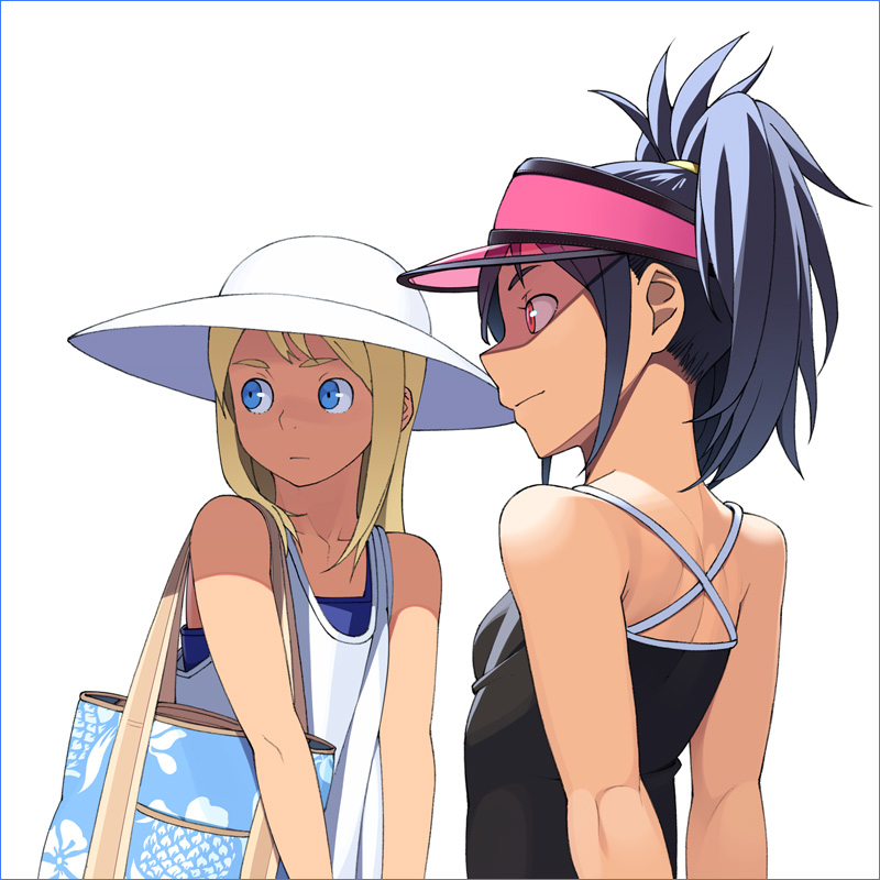 go robots, original, visor, 2girls, arms behind back, back, bag, bare shoulders, blonde hair, blue eyes, blue hair, breasts, camisole, hat, multiple girls, ponytail, profile, red eyes, shoulder bag, simple background, small breasts, visor cap