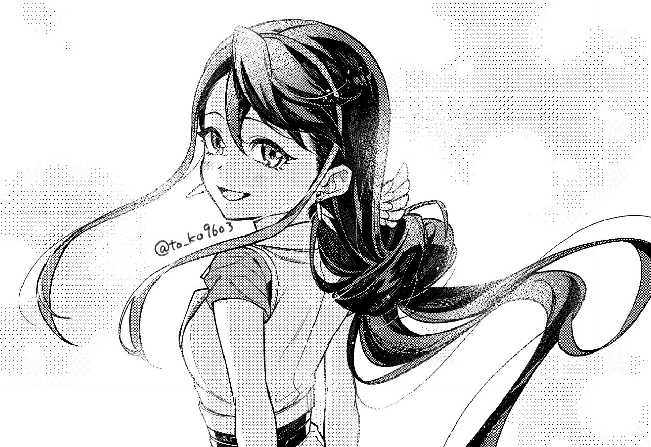 kurosaki ruri, yu-gi-oh!, yu-gi-oh! arc-v, commentary request, 1girl, earrings, feather earrings, feathers, from behind, greyscale, halftone, jewelry, long hair, looking at viewer, looking back, monochrome, solo, to ko9603, twitter username, upper body