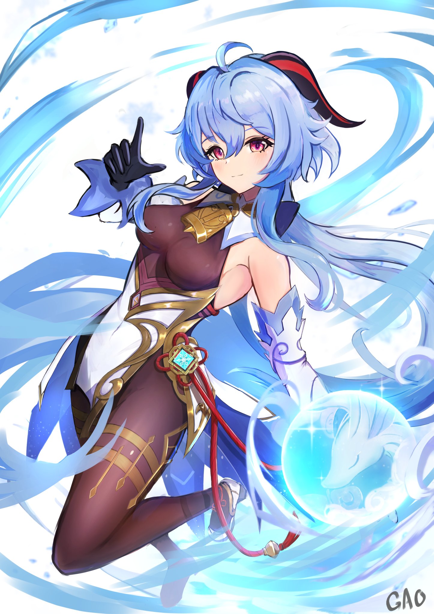 gao kawa, ganyu (genshin impact), genshin impact, commentary request, highres, 1girl, bare shoulders, bell, black gloves, blue hair, blush, bodystocking, breasts, detached sleeves, dress, gloves, goat horns, horns, large breasts, ponytail, purple eyes, solo, white dress