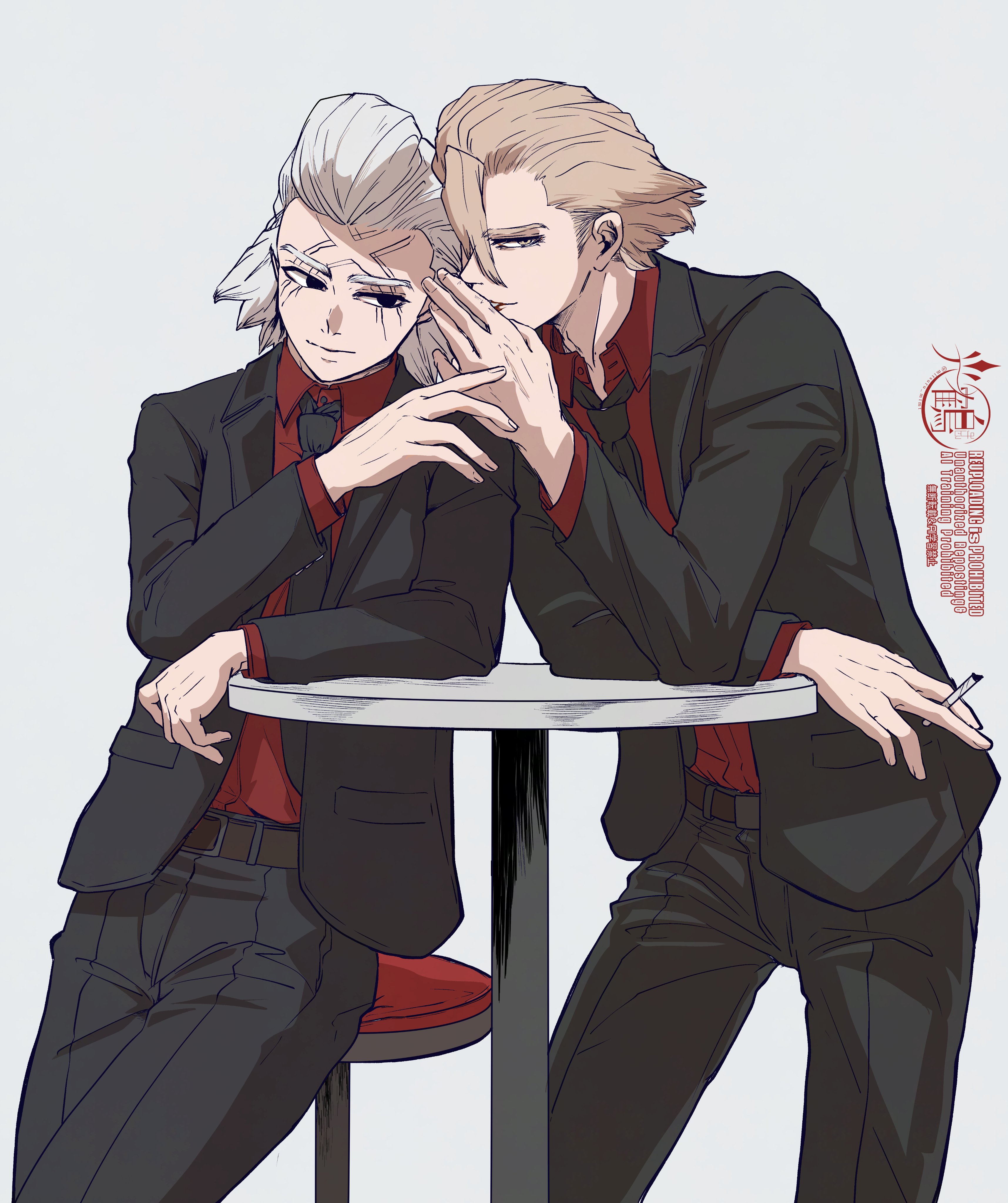 mitsuru (aica hikari), dr. stone, absurdres, commentary request, highres, 2boys, belt, between fingers, black eyes, black jacket, black necktie, black pants, black suit, blonde hair, chair, cigarette, closed mouth, collared shirt, formal clothes, grey background, grey hair, hair slicked back, holding, holding cigarette, jacket, long sleeves, looking at another, male focus, medium hair, multiple boys, necktie, pants, red shirt, shirt, short hair, simple background, sitting, standing, stanley snyder (dr.stone), stool, suit, table, whispering, white background, xeno (dr.stone)