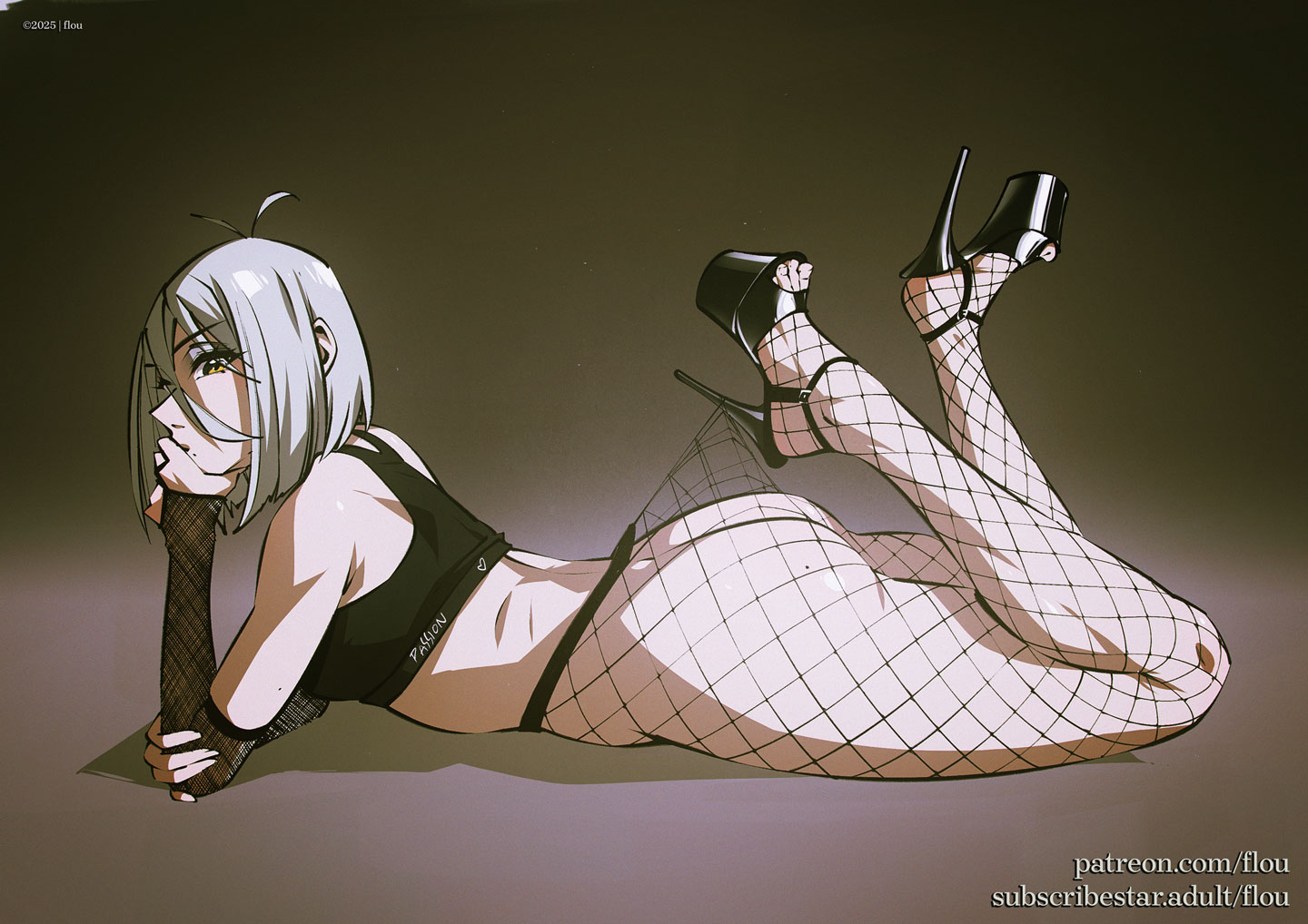 flou (flou art), original, 1girl, antenna hair, arm warmers, ass, black shoes, black sports bra, breasts, fishnet pantyhose, fishnets, from side, hand on own chin, head rest, high heels, hooked on heel, lace pantyhose hooked on heel (meme), looking at viewer, lying, meme, on stomach, pantyhose, platform heels, shoes, short hair, single arm warmer, single fishnet armwear, solo, sports bra, the pose, white hair