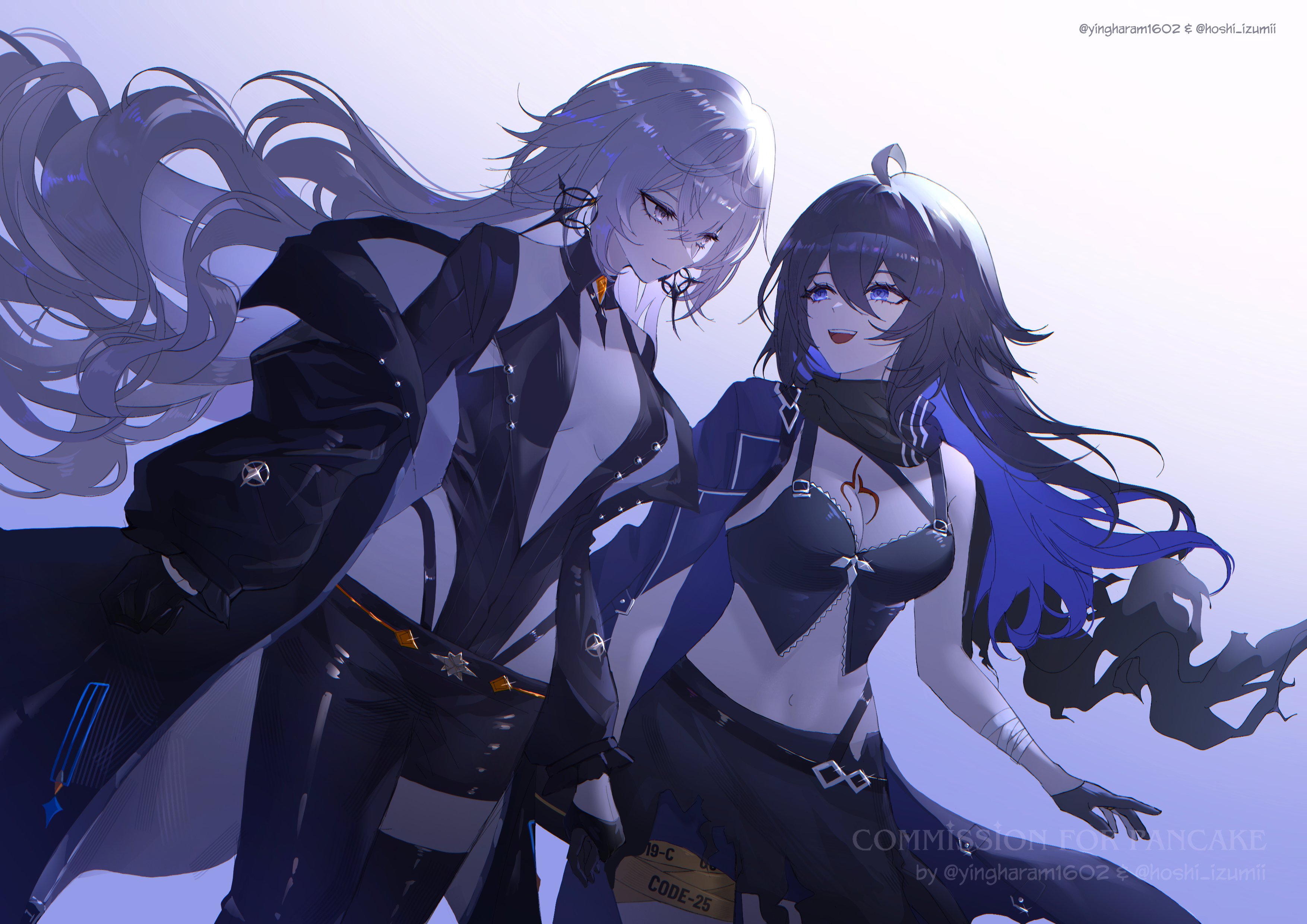 ying haram, bronya zaychik, seele vollerei, benghuai xueyuan, honkai (series), absurdres, commentary, commission, english commentary, highres, 2girls, aged up, ahoge, alternate design, arm out of sleeve, asymmetrical clothes, bandaged arm, bandages, black gloves, black jacket, black leotard, black pants, black skirt, breasts, center opening, chest tattoo, closed mouth, colored inner hair, earrings, gloves, grey eyes, grey hair, hair between eyes, jacket, jewelry, leotard, long hair, looking at another, medium breasts, midriff, multicolored hair, multiple girls, navel, open mouth, pants, purple hair, purple jacket, single pantsleg, skirt, smile, tattoo, thighs