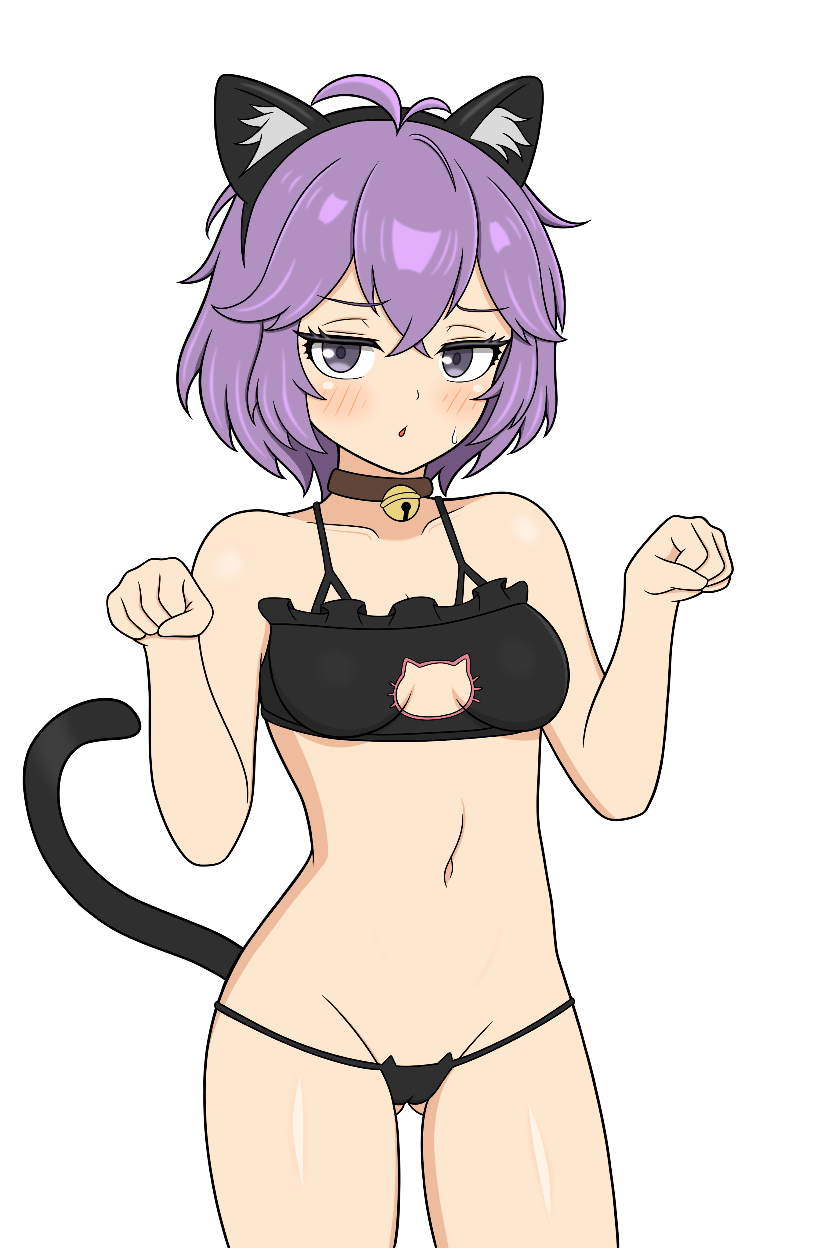yoshio hentai, bernadetta von varley, fire emblem, fire emblem: three houses, nintendo, 1girl, animal ears, bell, breasts, cat ears, cat girl, cat pose, cat tail, collar, fake animal ears, fake tail, grey eyes, looking at viewer, neck bell, purple hair, short hair, small breasts, tail