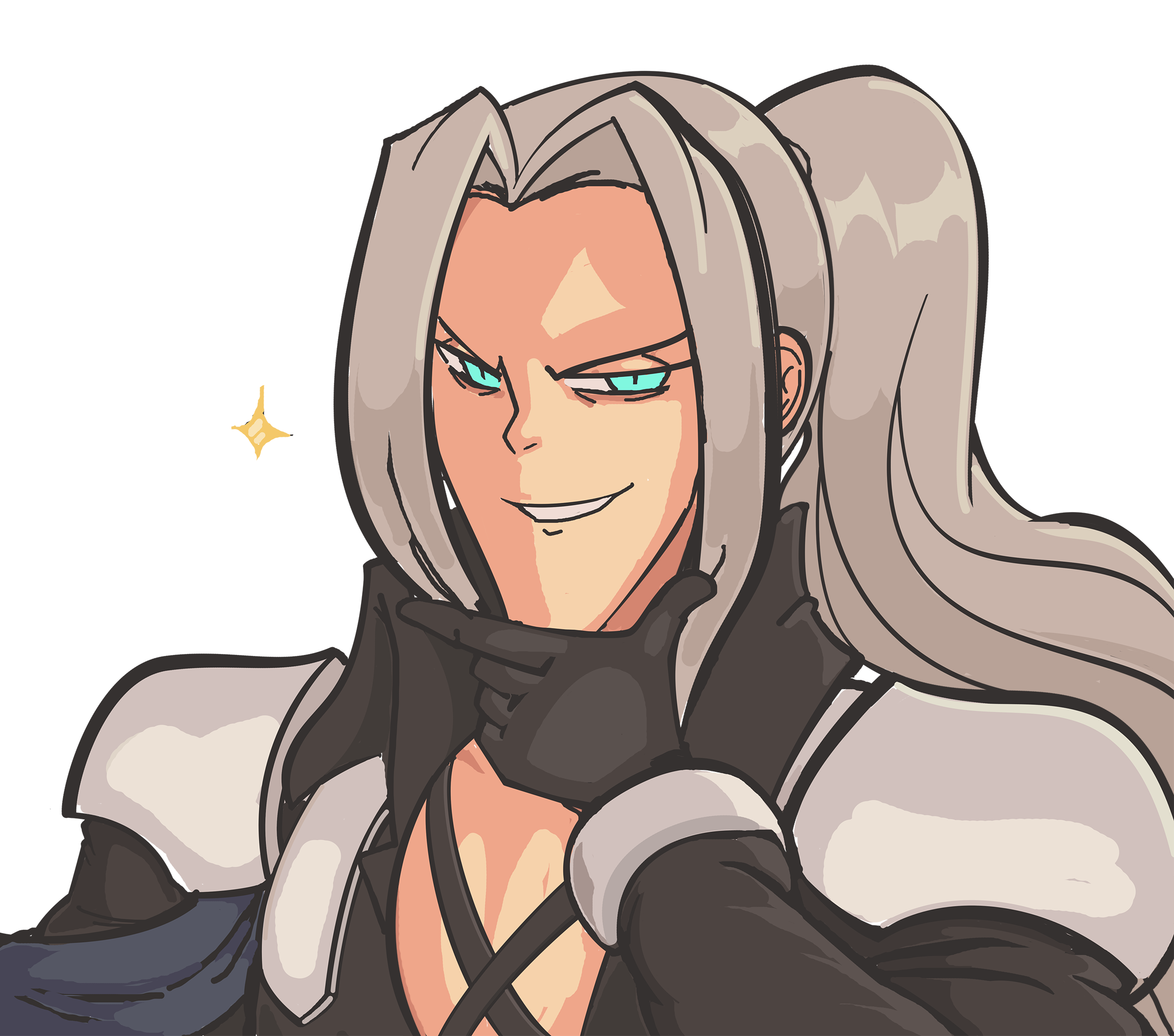 davewaterfalls, sephiroth, final fantasy, final fantasy vii, 1boy, green eyes, grey hair, hand on own chin, looking at viewer, ponytail, simple background, solo